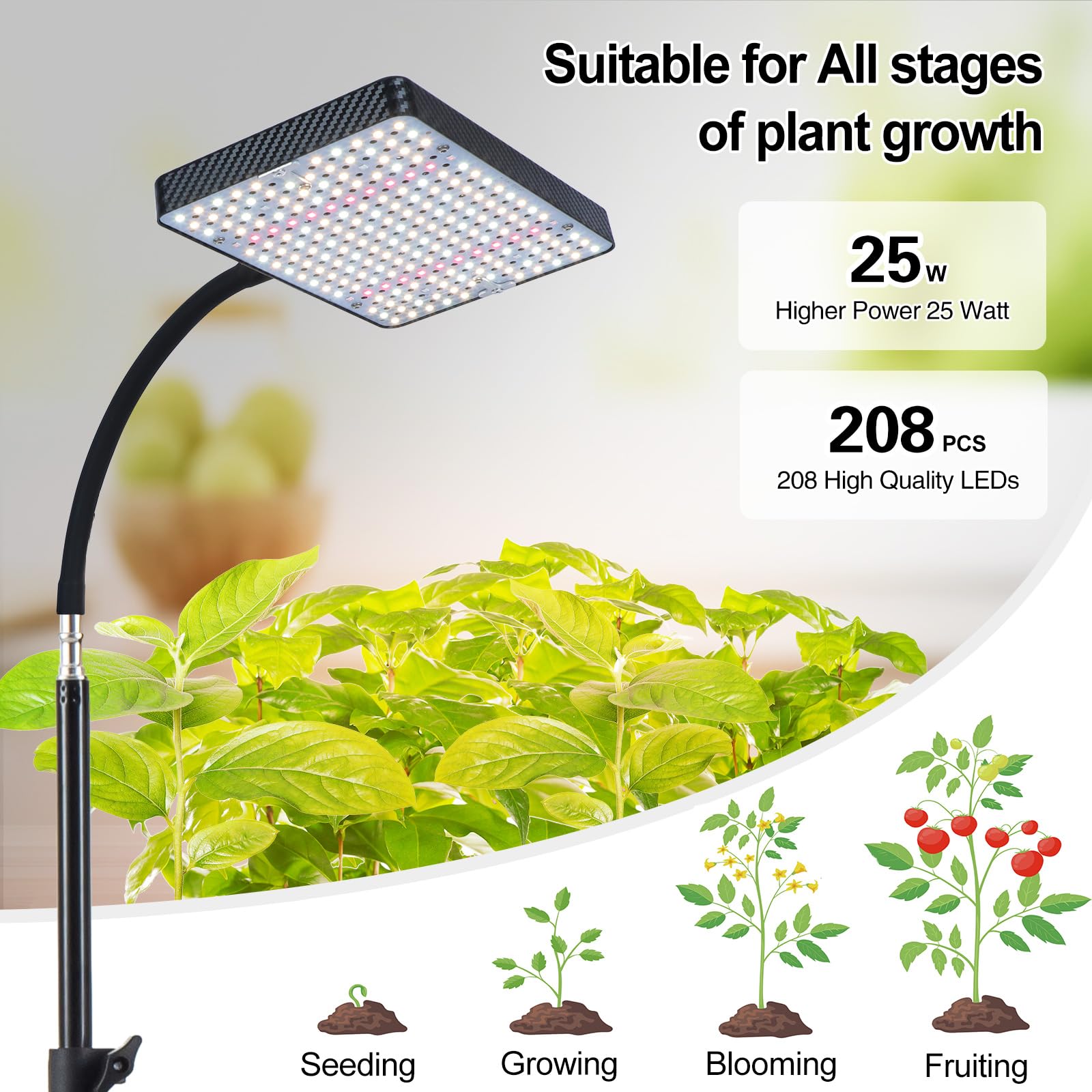 Orchbloom Grow Light with Stand, 25W Full Spectrum, Adjustable 24"-64", Black, Aluminum, Model Zinqolay
