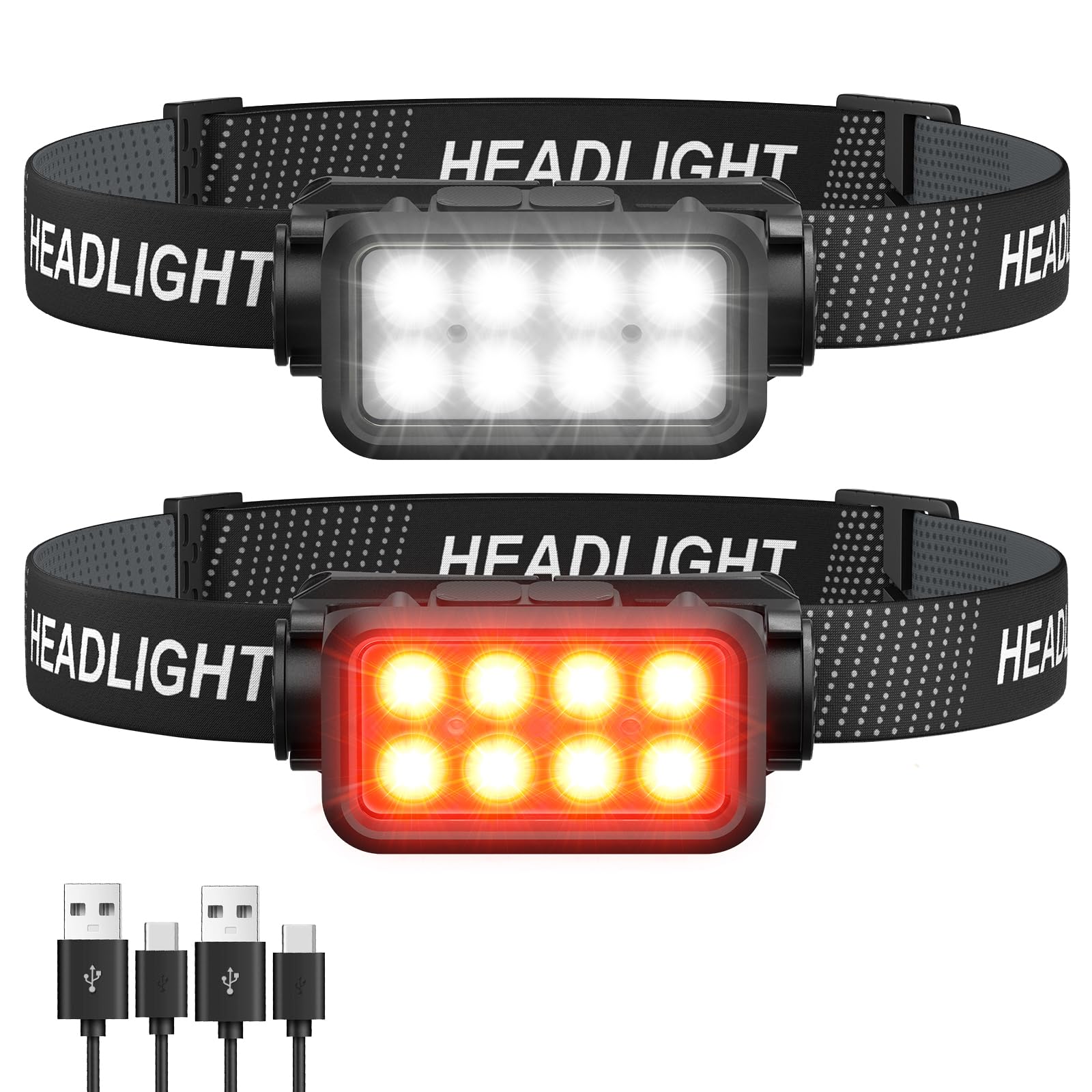Rechargeable Headlamp Flashlight, 8 Led 2500 Lumen Super Bright Headlight With White Red Light & Motion Sensor, 2-Pack Waterproo