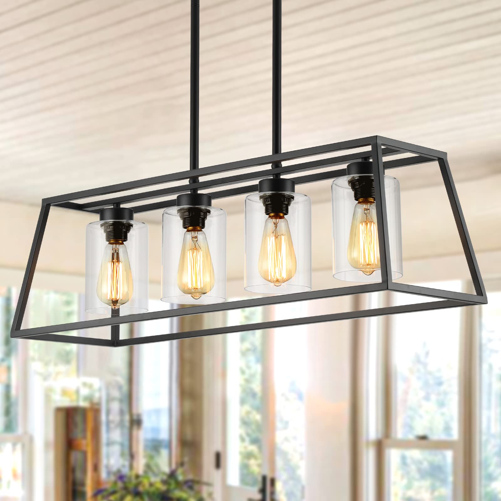 Senyshilon Black Farmhouse Chandelier, 4-Light Linear Pendant Lamp, Glass Shade, Kitchen Island Light Fixture, Model S8833-L4 1