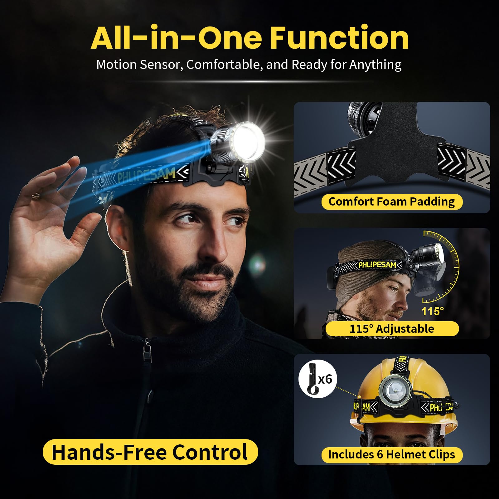 Led Rechargeable Headlamp 150000 Lumen With Motion Sensor, Zoomable Bright Headlamp For Adults, Ip68 Waterproof, 115 Adjustable