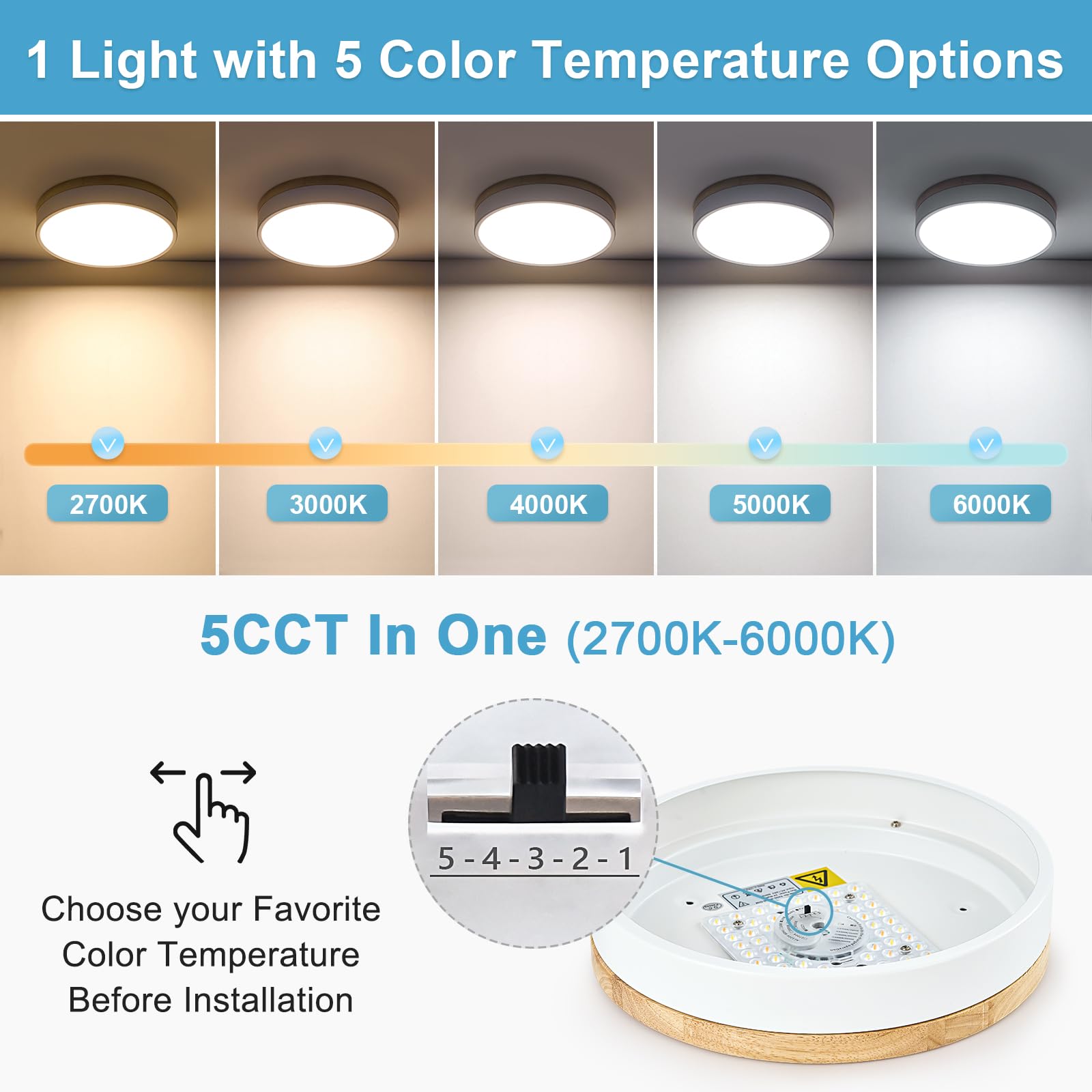 Dimmable Wood Led Ceiling Light Fixture, 5Cct 2700K-6000K Modern White Flush Mount Ceiling Lighting, Minimalist Round Ceiling La