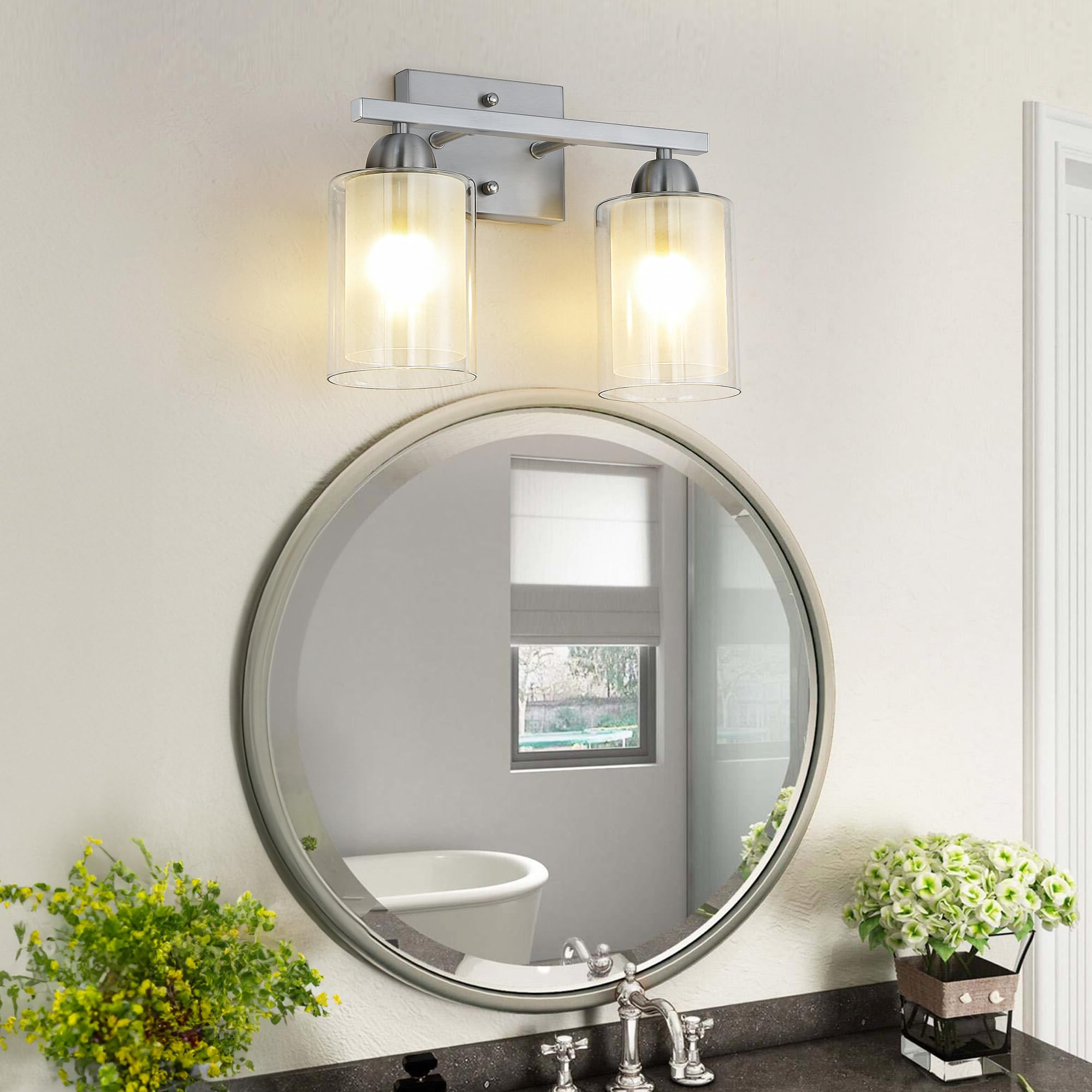 Mecgirn Stainless Steel Bathroom Vanity Light, 2 Light, Brushed Nickel, Milk Glass and Clear Glass Shades, Model B0007-2