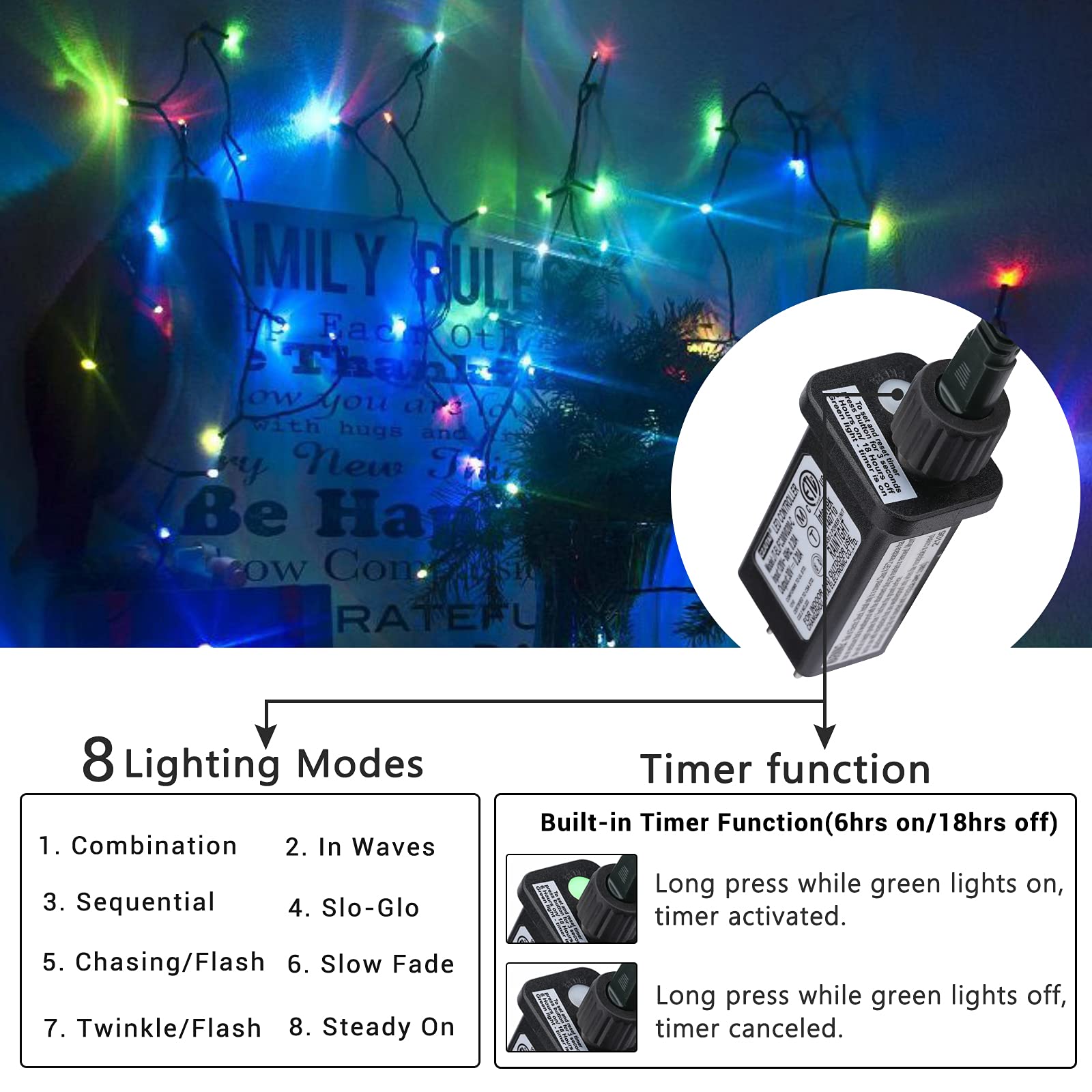 181Ft 500 Led Christmas Indoor Outdoor Decorative Lights, 8 Modes Waterproof Plug In Green Wire Fairy String Lights For Christma