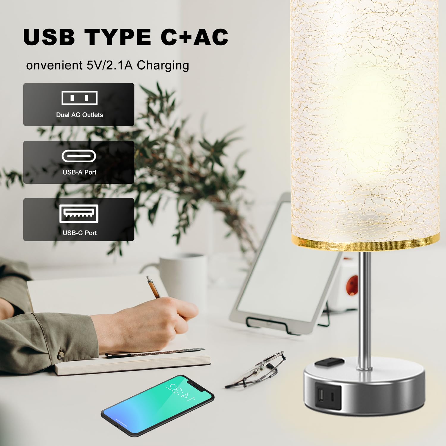 YIDPU Table Lamp - Touch Control, USB C+A Ports, 3-Color LED, Linen Shade, Gold, 1PCS