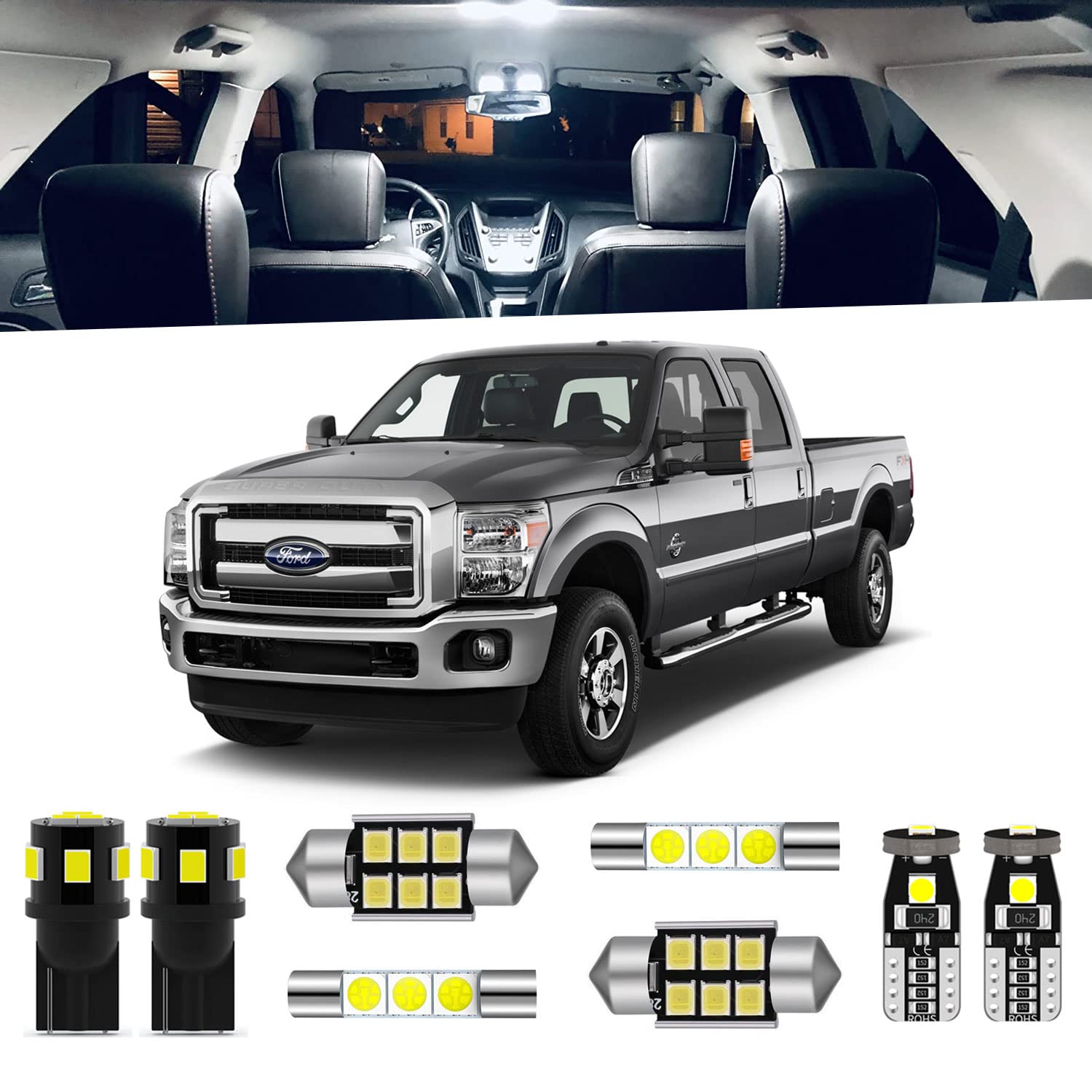 ENDPAGE 14-Pieces F250 F350 Interior LED Light Kit for 1999-2016 Ford F-250 F-350 Super Duty White 6000K Interior LED Lighting Package + Cargo Lights, License Plate Lights, Install Tool