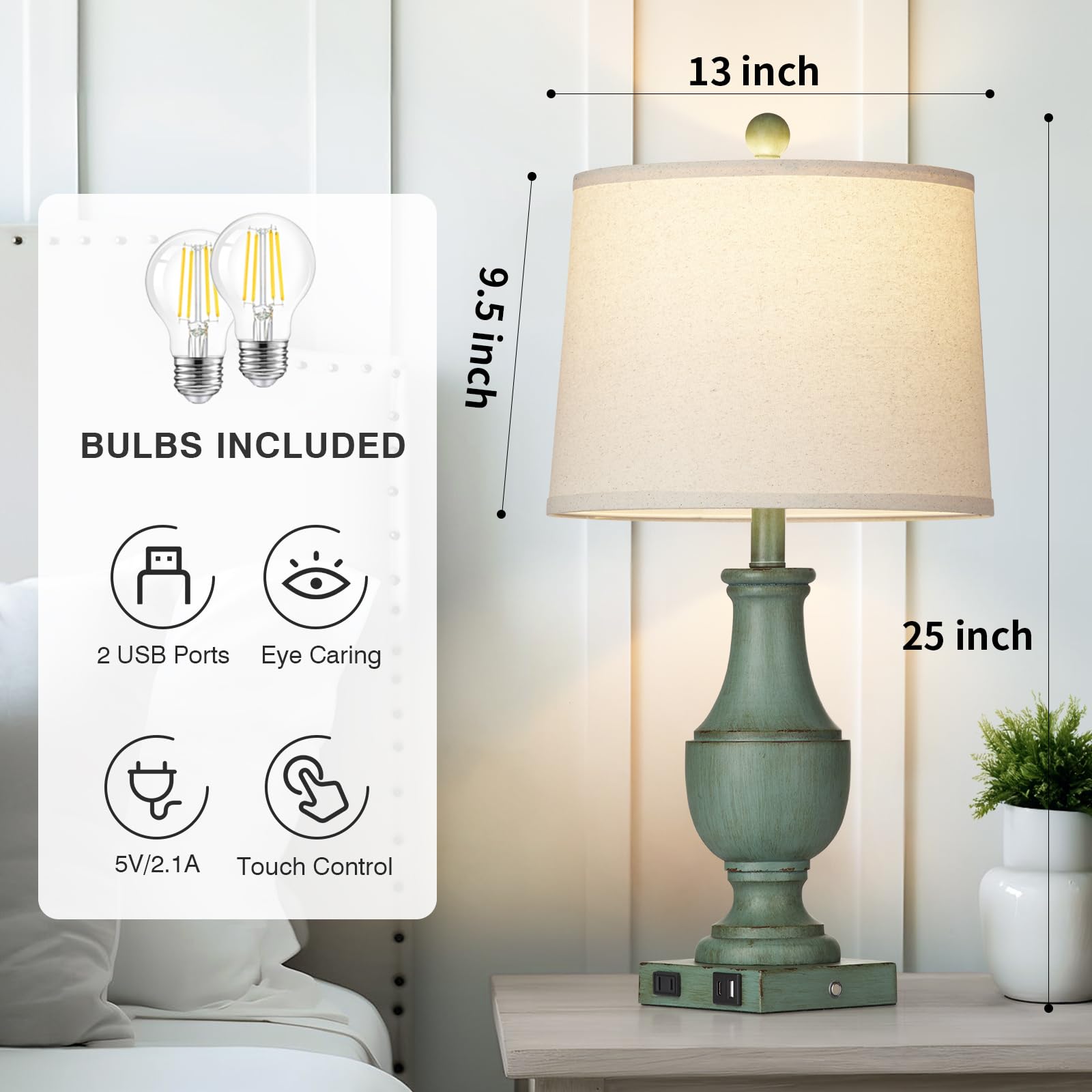 Farmhouse Table Lamps For Living Room, Rustic Touch Control Bedside Lamps With Usb A+C Charging Ports & Ac Outlet, Vintage 3-Way