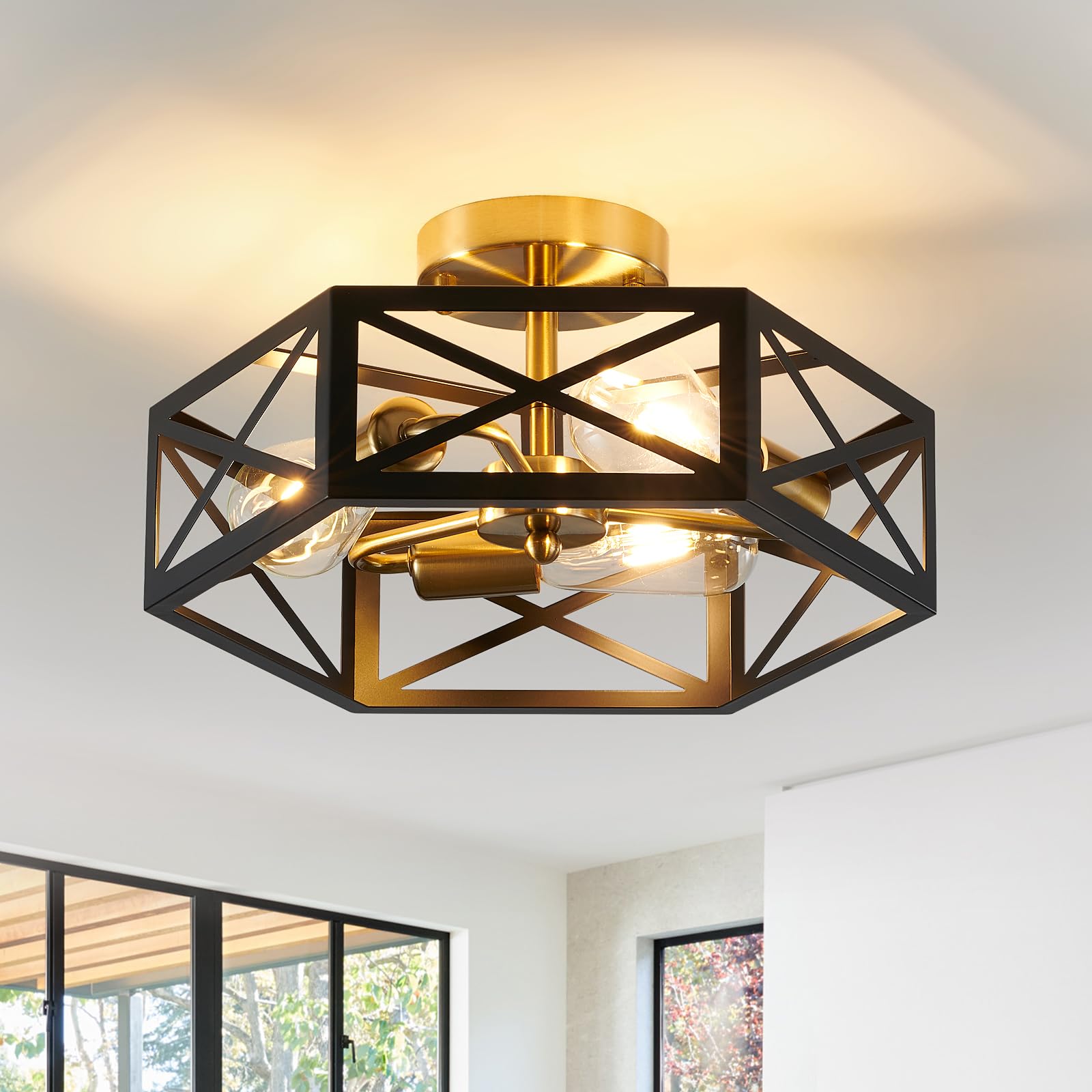 Xsdetu Modern Flush Mount Ceiling Light, 3-Light Black Gold Hallway Light Fixtures Ceiling Mount, Industrial Close To Ceiling Light With Metal Hexagon Cage Ceiling Lamp For Kitchen