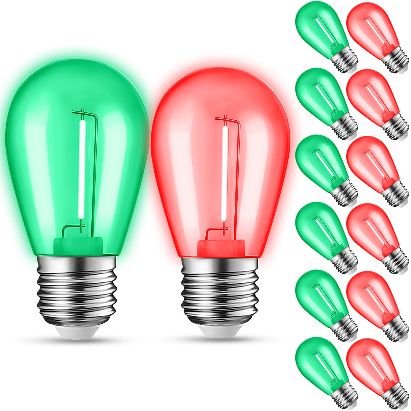 12-Pack Red Green String Light Bulbs  Patio String Light Replacement Bulbs For Outdoor Indoor  1W E26 Base S14 Led Colored Light Bulbs For Christmas Halloween Holiday Home Decor (6 Red + 6 Green)