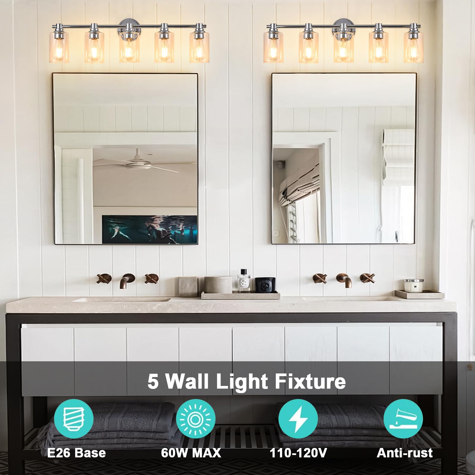 Alaislyc Bathroom Light Fixtures Wall Sconce Light With Clear Glass Chrome 5 Lights Bathroom Lighting Over Mirror Vanity Lights For Living Room,Bedroom,Restroom,Hallway E26 Base