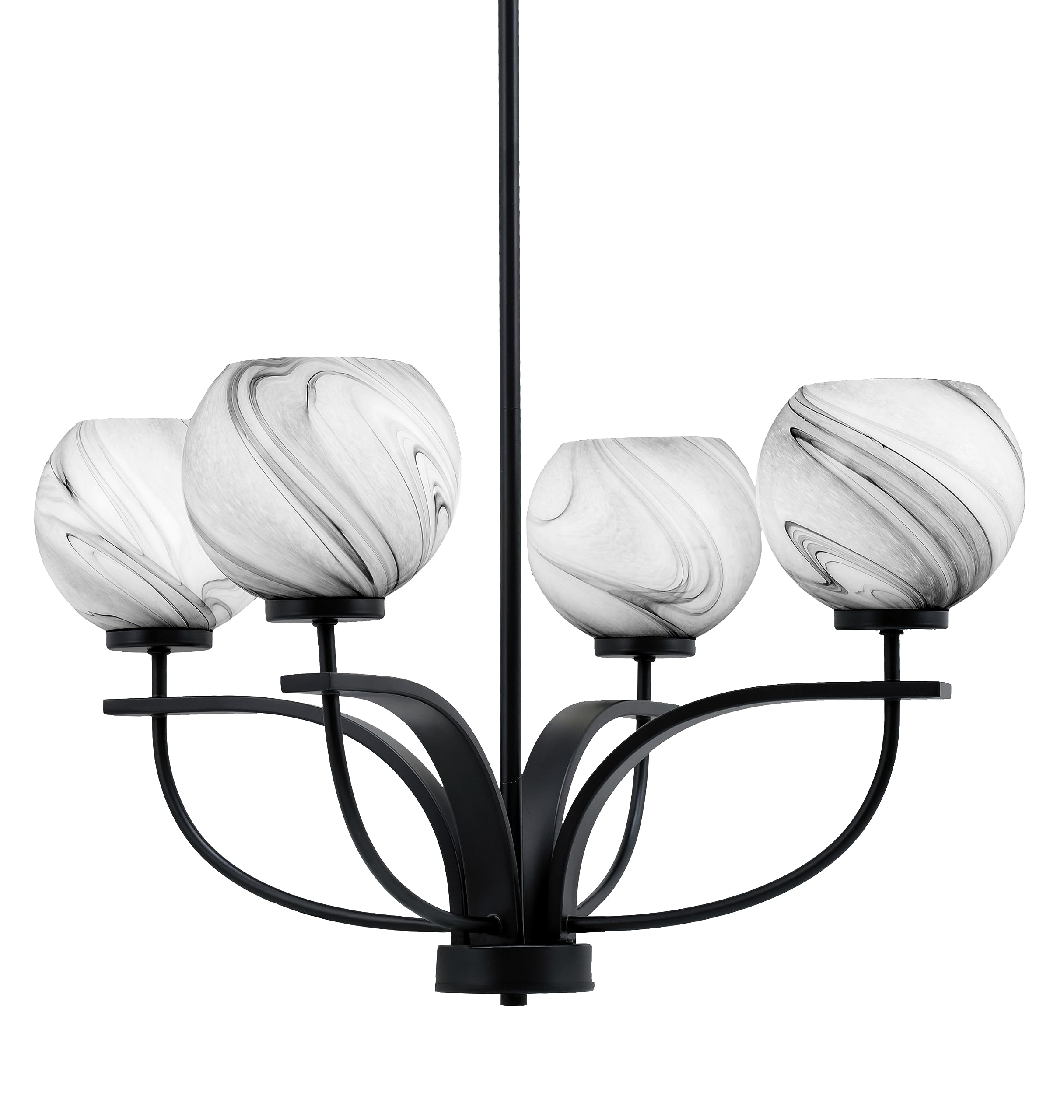 Toltec Lighting Cavella 4 Light Chandelier Shown in Matte Black Finish with 5.75&quot; Onyx Swirl Glass
