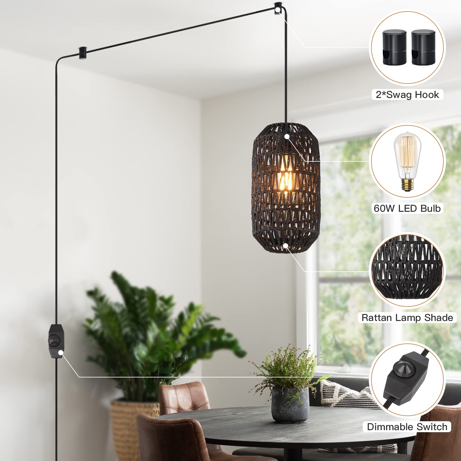 Ruzectt Rattan Pendant Light with 15ft Dimmable Cord, Boho Wicker Hanging Lamp, Black-B, Model DD-RZ-128 for Kitchen & Living Room