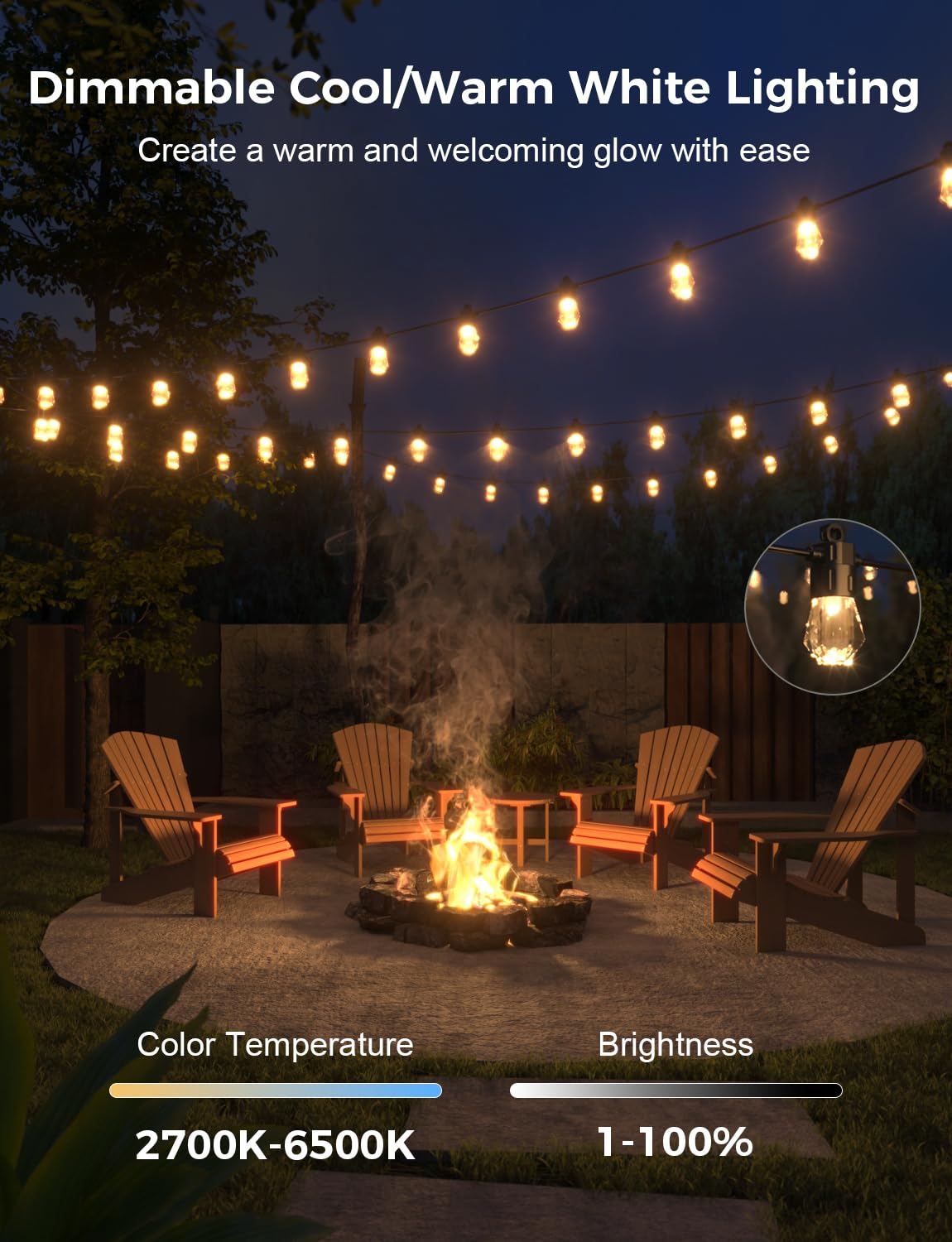 Xmcosy+ 48Ft Smart Outdoor String Lights - Rgbcwic Dimmable Acrylic Bulbs, Color Changing Led Patio Light App Wifi Control, Work