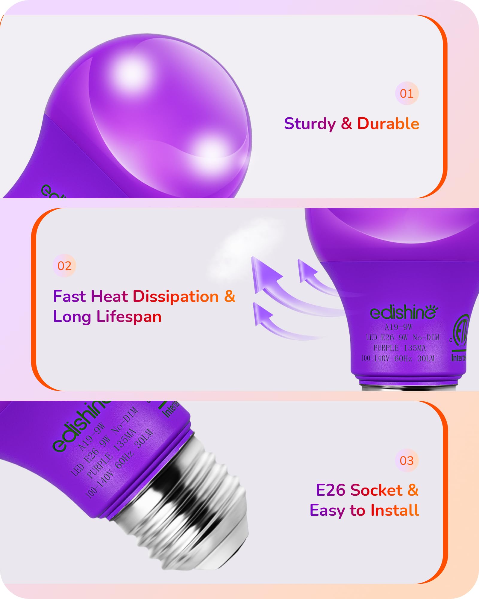 EDISHINE Purple Light Bulbs, A19 9W (60W Equivalent) LED Bulbs, E26 Base Purple Colored Light Bulb for Christmas Decorations, Fr