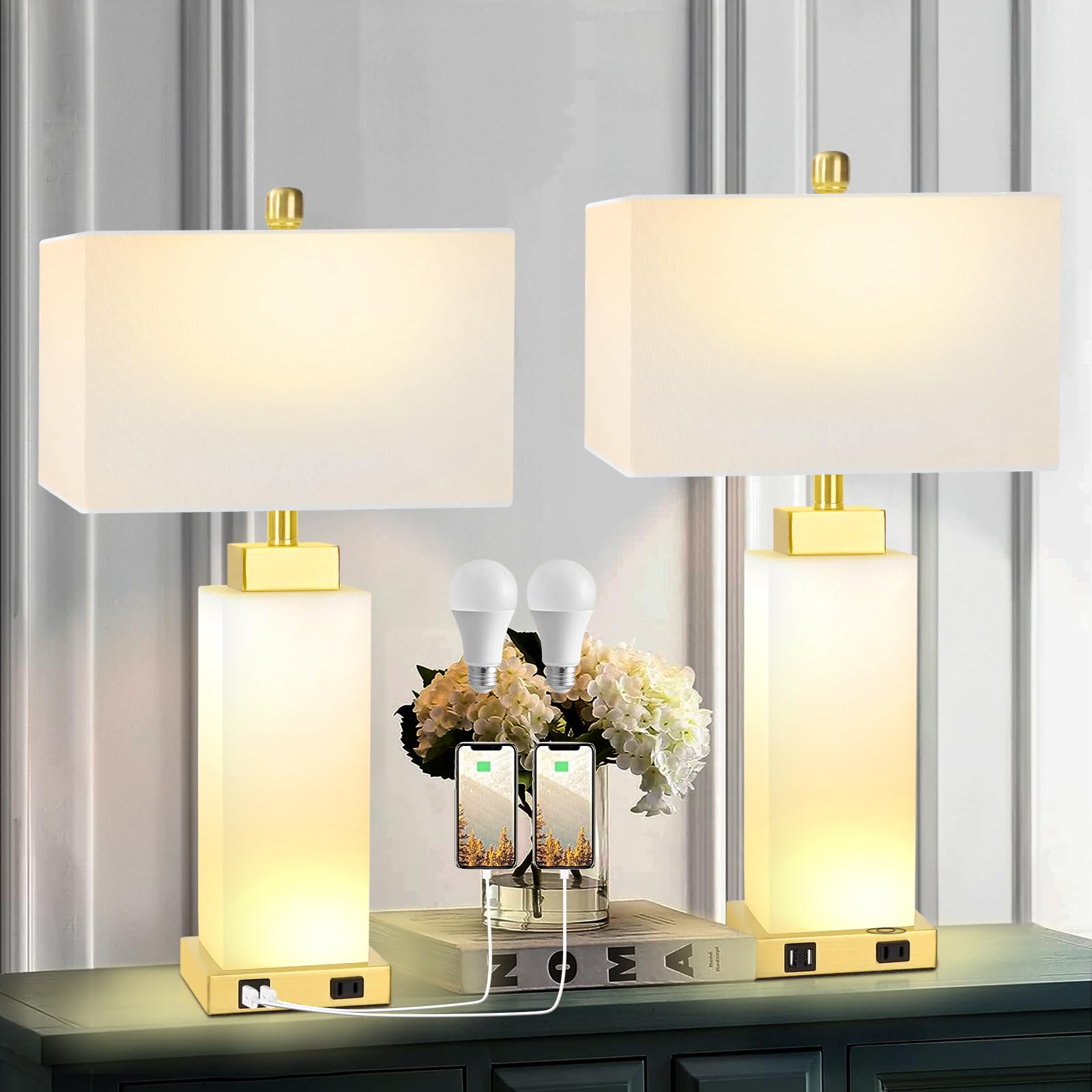 Velxee Table Lamps Set Of 2, 3 Way Dimmable Real Marble Modern Coastal Nightstand Bedside Lamps With 2 Usb Ports 1 Ac Outlet For