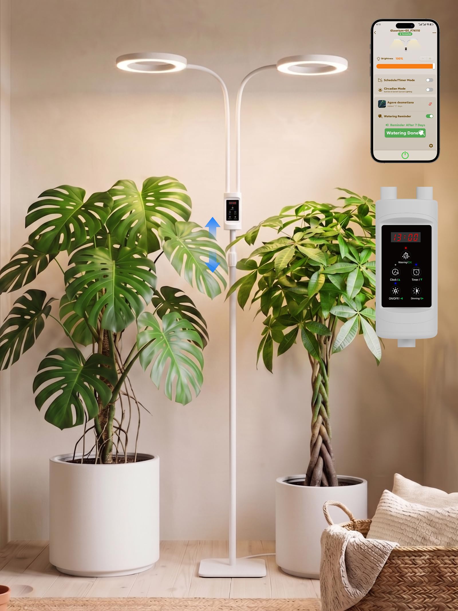 GLOWRIUM Smart Grow Lights for Indoor Plants, 48W Full Spectrum Plant Lights with Bluetooth App, Adjustable Height 47-70.9, Auto