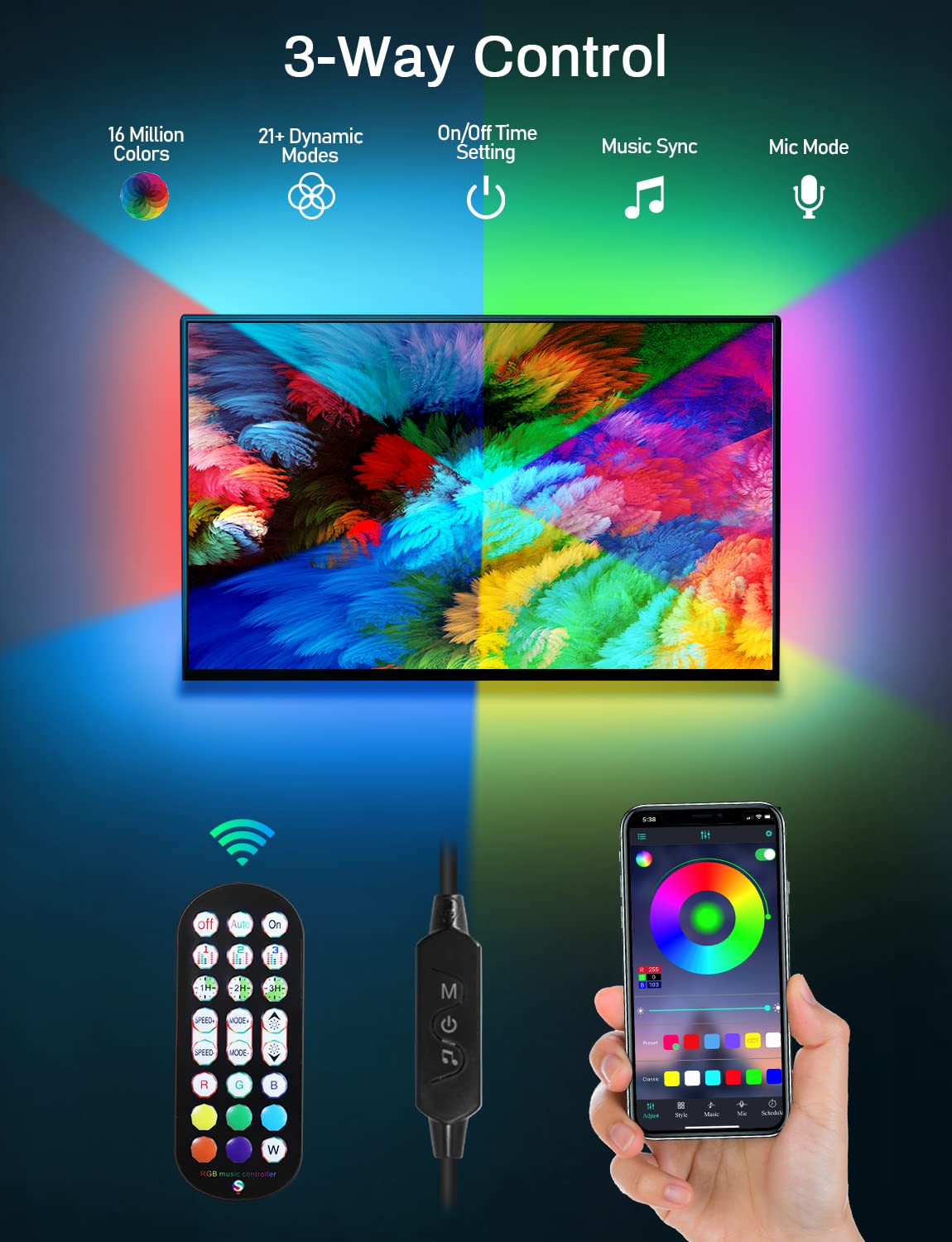 MATICOD LED Strip Lights for TV, 13.1ft RGB, Music Sync, Bluetooth Remote, USB Powered, for 45in-60in TVs, Multicolor