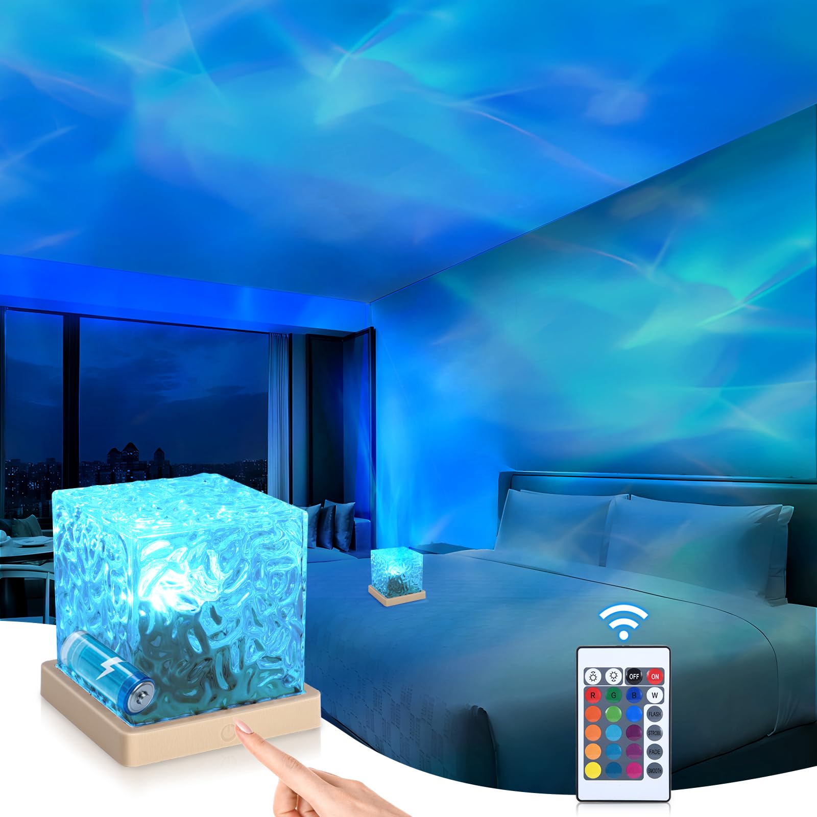 Smerkod Ocean Wave Projector Light, Cordless Rechargeable, 16 Colors, Remote Control, Acrylic, Cube, Model FXSW001