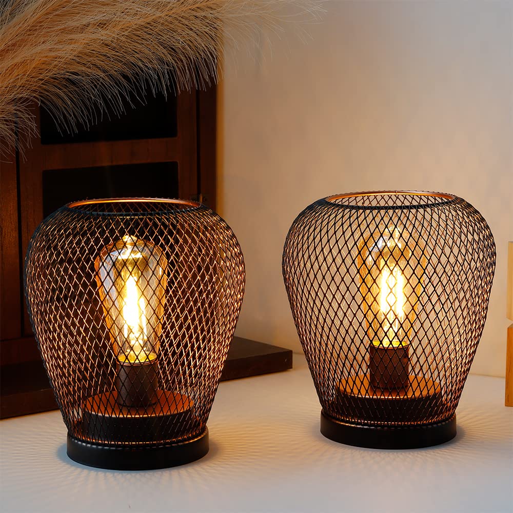 Jhy Design Set Of 2 Metal Cage Led Lantern Battery Powered Lamp Cordless Accent Light With Led Edsion Style Bulb Great For Weddi