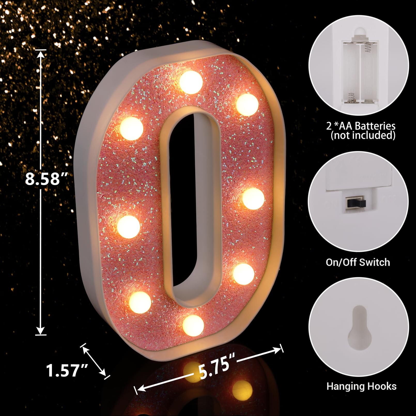 TRONSBOO LED Letter Light Pink Glitter Marquee Sign Battery Powered 5.75inx8.58in Model Pink-Light-O