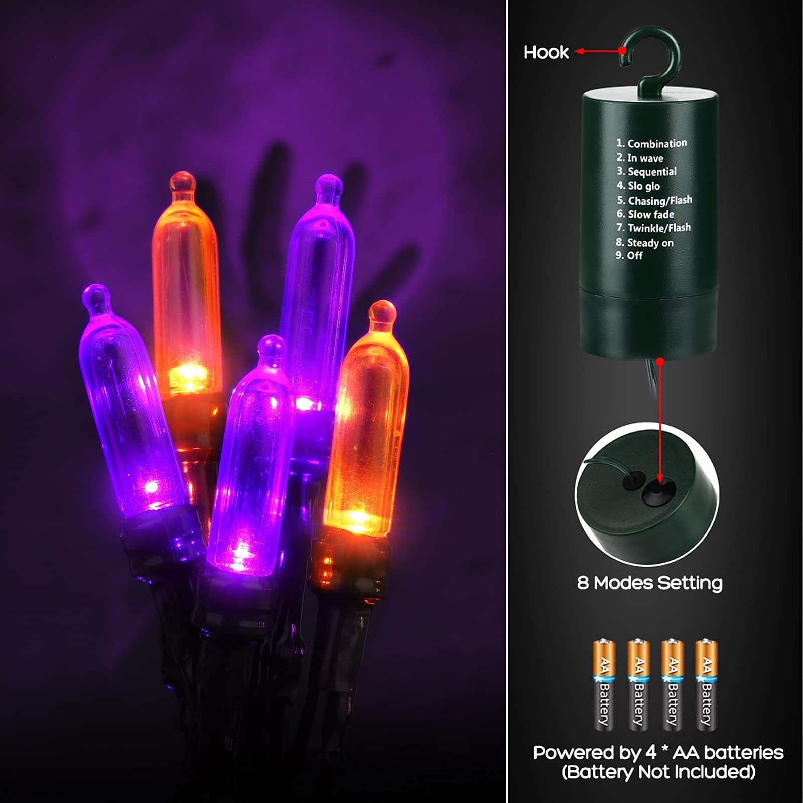 Flacchi Orange Purple Halloween String Lights 100 LED 33 ft Battery Operated String Lights Waterproof 8 Modes & Auto Timer Mini