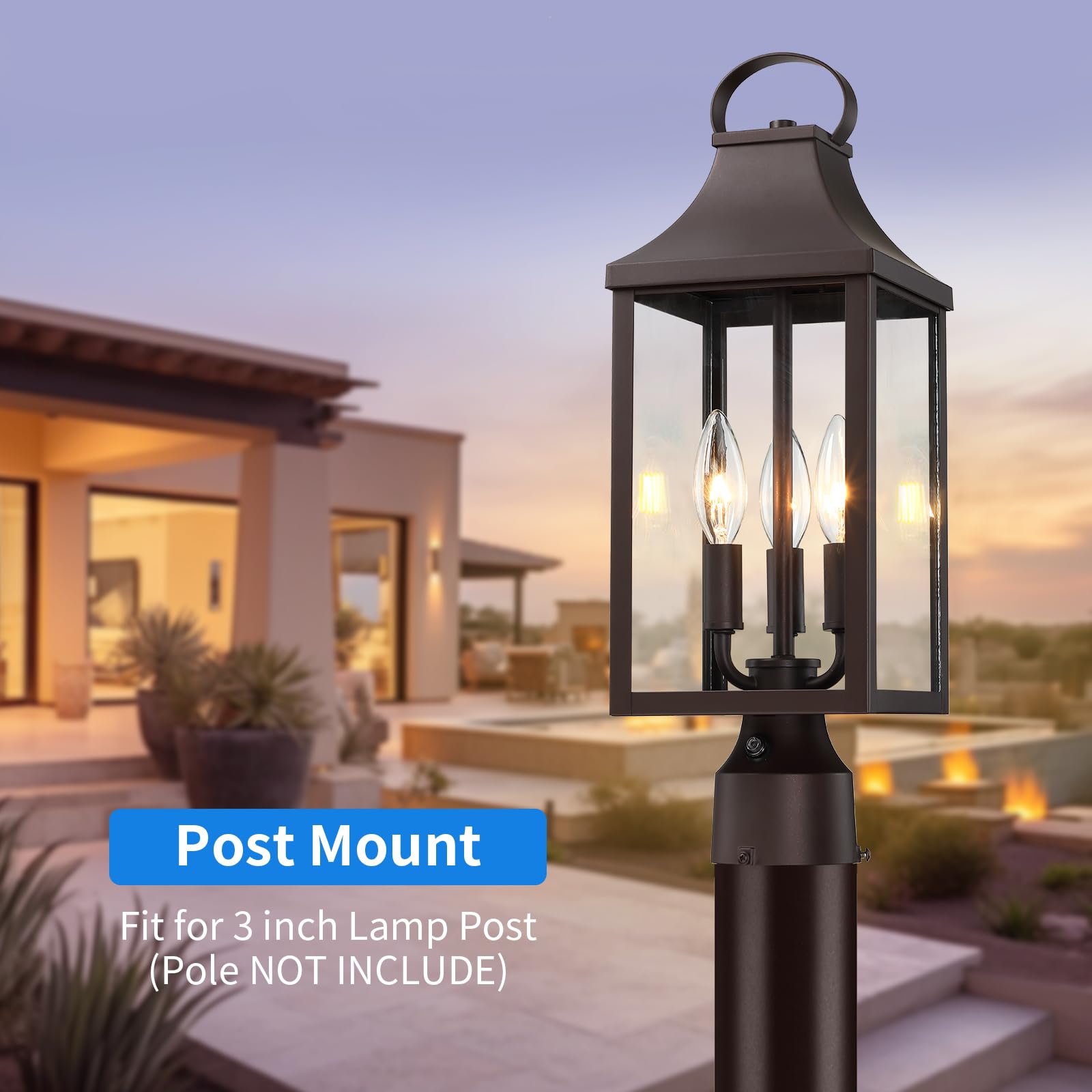 MYHXQ 3-Light Post Light Fixture, Waterproof Aluminum Outdoor Lantern, 18.62in , Brown, Model PL104A-BW, With Sensor