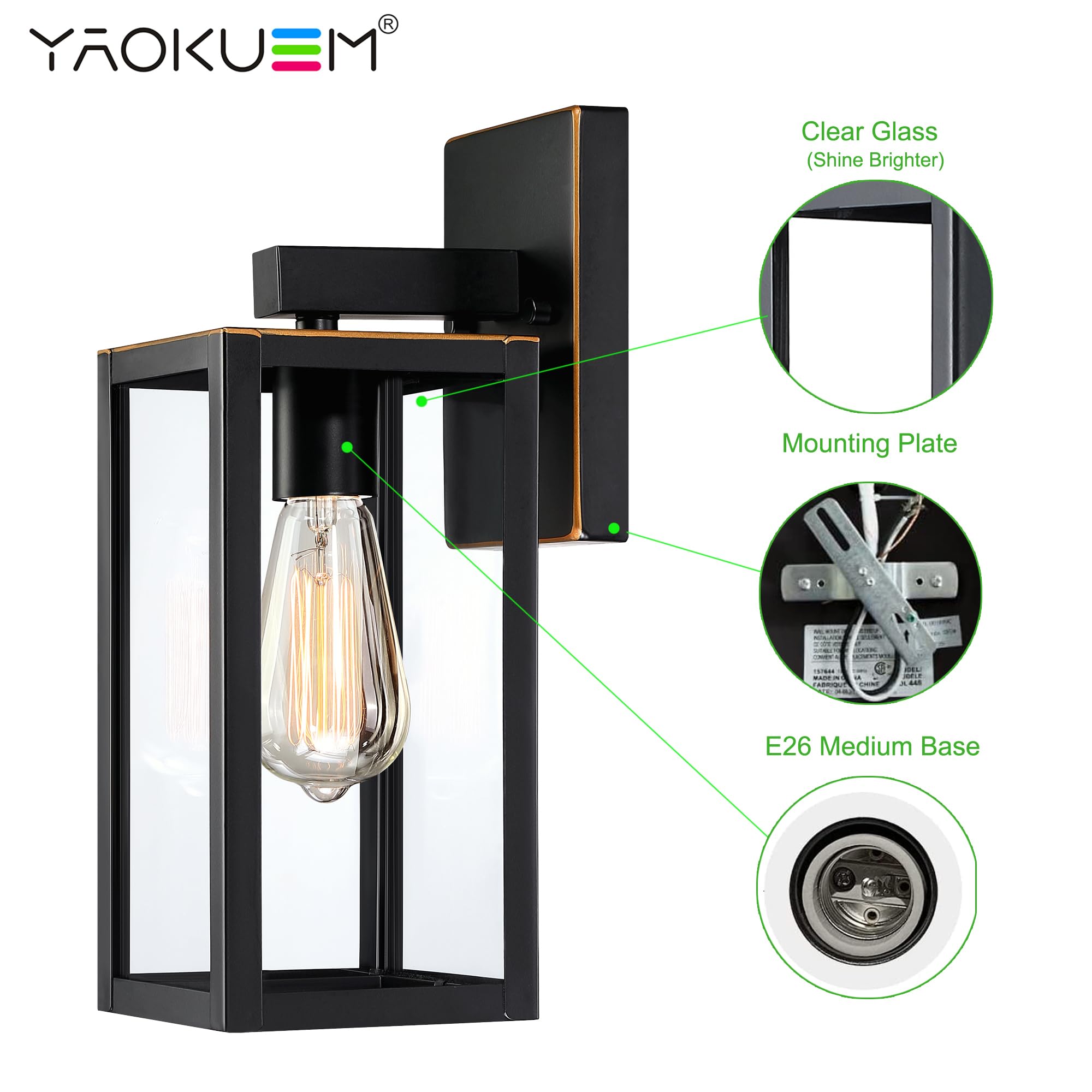 YaoKuem Outdoor Wall Lantern, Wall Sconce as Porch Lighting Fixture, E26 Medium Base, Metal Housing Plus Glass, Bulbs not Includ
