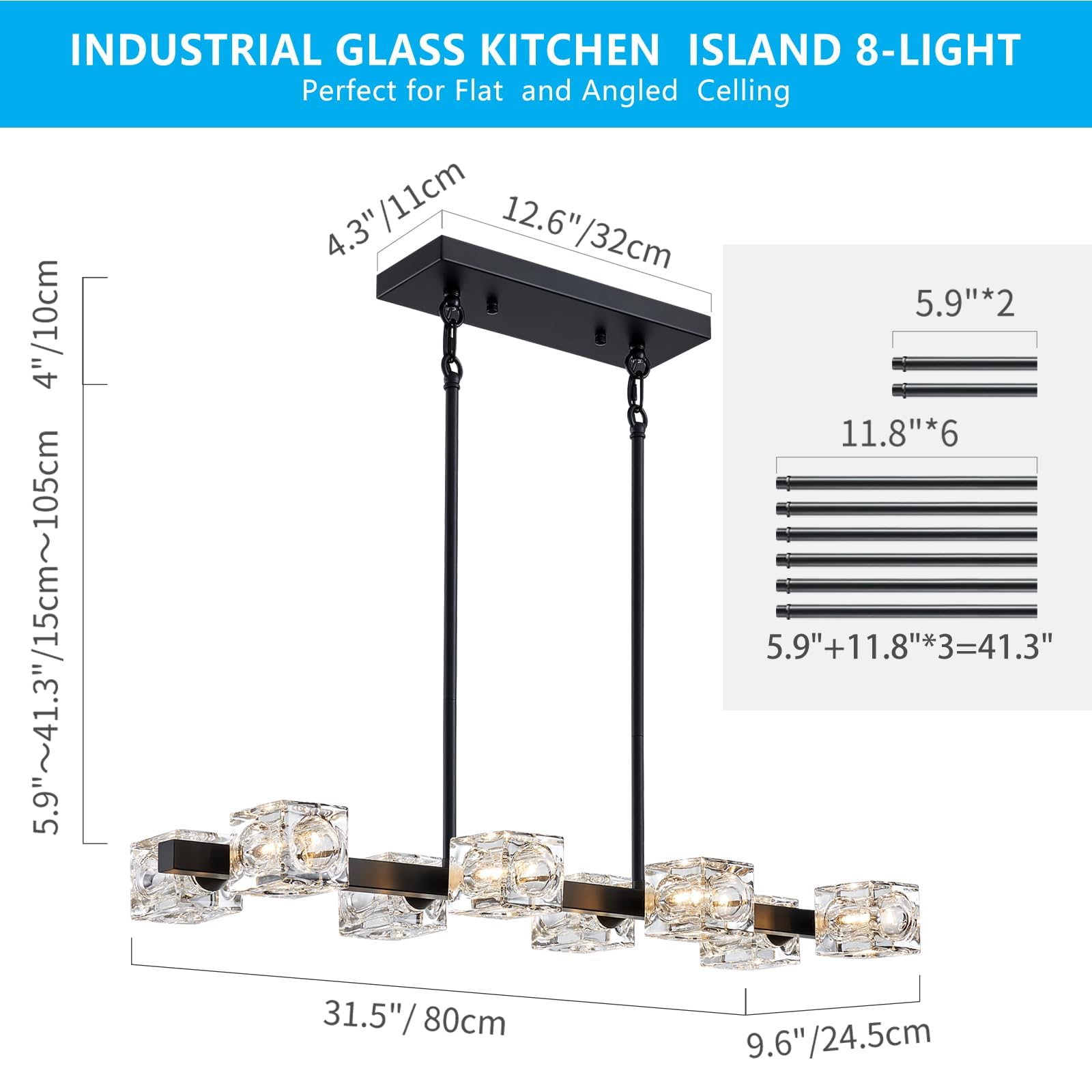 XINGQI 8-Light Black Chandelier - Modern Metal Fixture with Glass Lampshade, Model XY150-BK for Dining Room & Kitchen Island