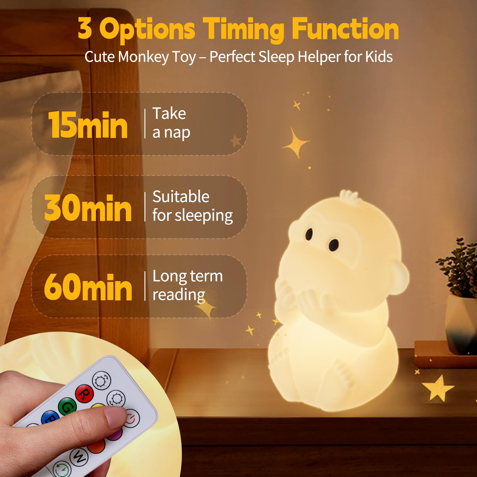 GAGBC Monkey Night Light for Kids, Remote & Tap Control, Color Change, 15/30/60 Min Timer, Dimmable, USB C Rechargeable, Cute Sq
