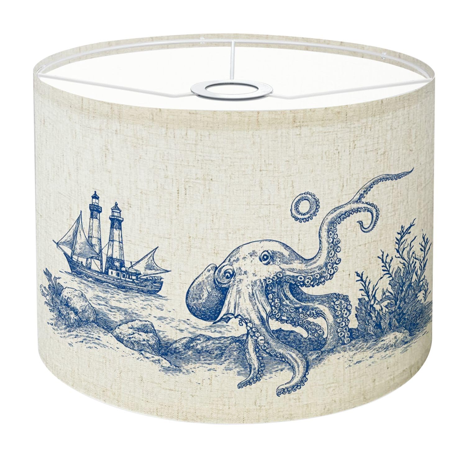 Drum Lamp Shade Blue Deep Sea Toile Sailing Ship Lighthouse Octopus Seaweed Ocean Lampshade 8.9x11x11 for Table Lamps Floor Lamp