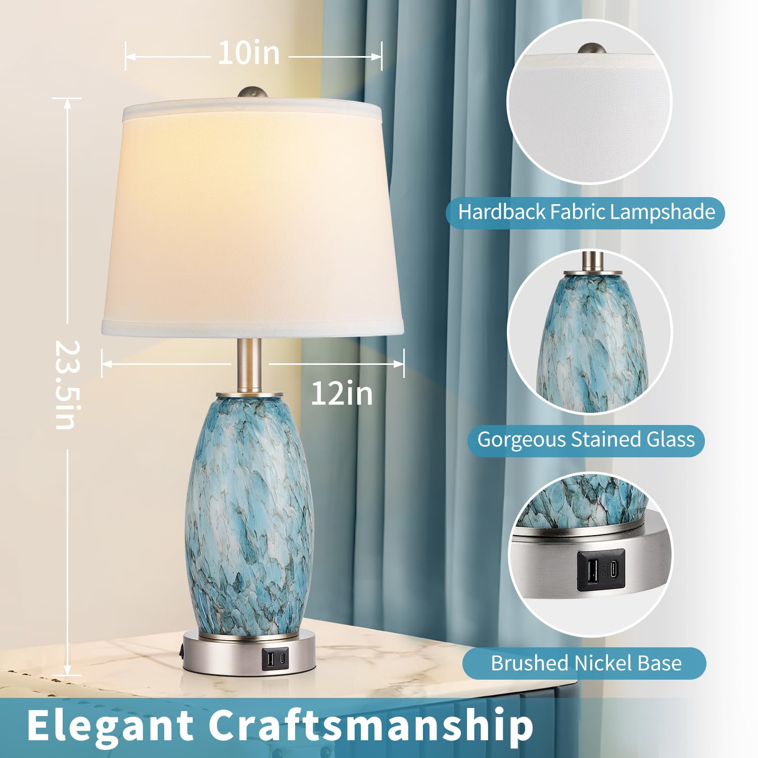 Table Lamp, 3-Way Lighting Modes Modern Table Lamp For Bedroom, Coastal Bedside Lamp With Usb Charging Port & Type C, Glass Nigh
