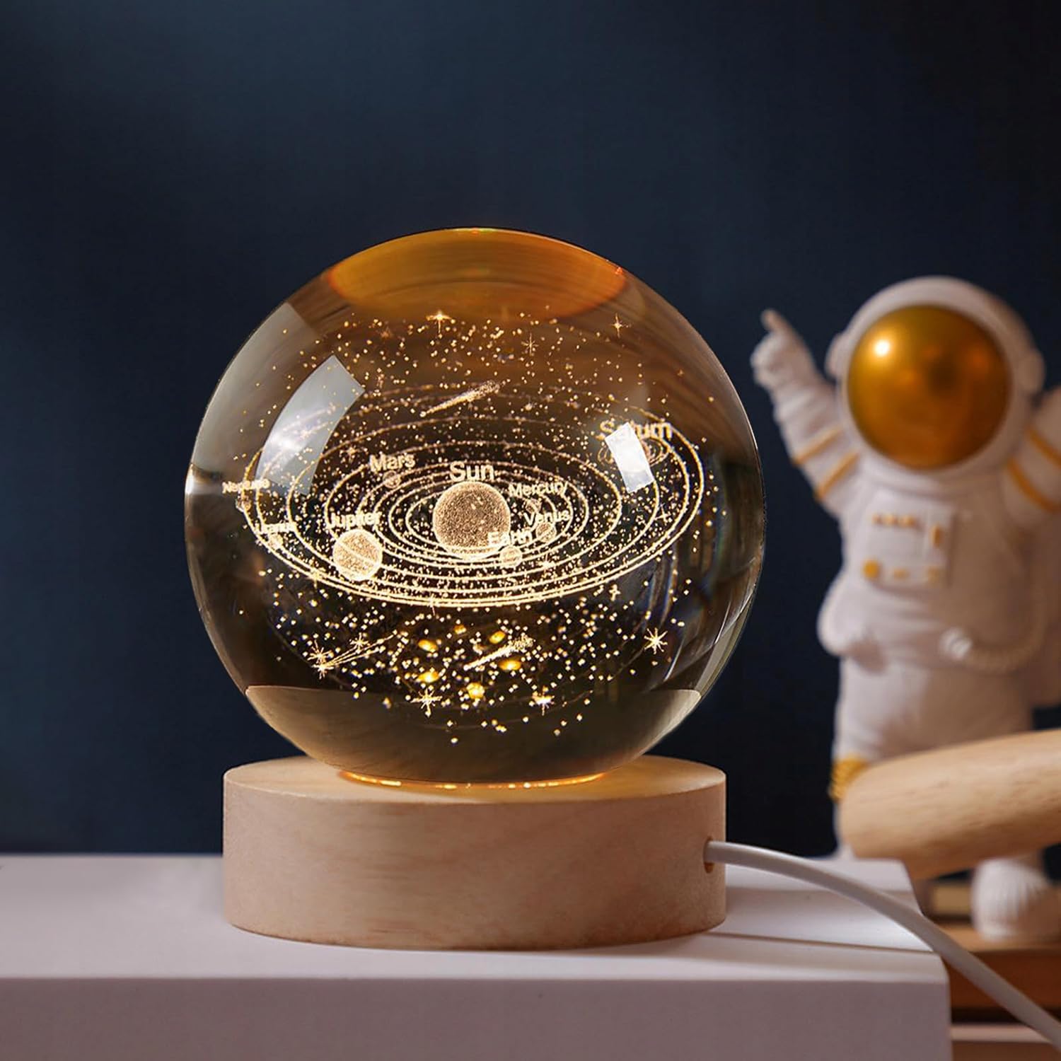 QIANCHANG Solar System 3D Crystal Ball Night Light, 60mm Glass Sphere Lamp, Decorative Crystal Paperweight, Galaxy Design