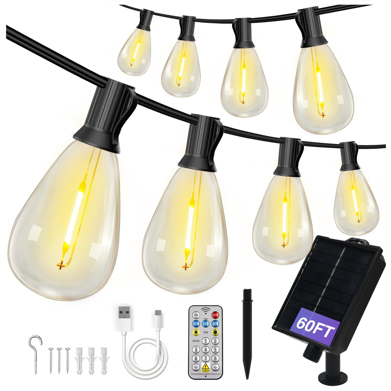DAYBETTER Solar String Lights 60FT Outdoor Waterproof with Remote & USB Port Dimmable 18+1 LED Black