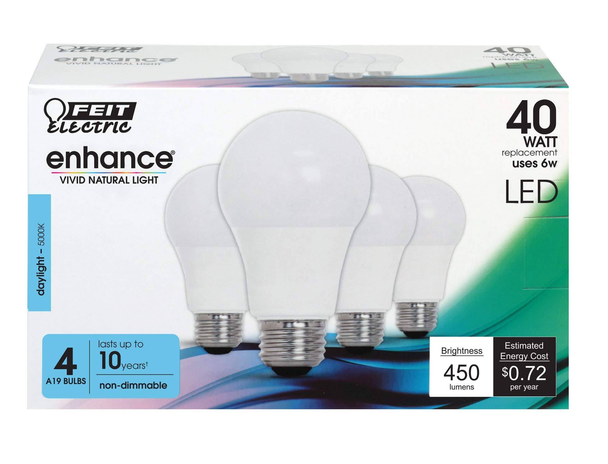 Feit Electric LED Bulb A19 E26 Daylight 40W Equivalent, 4 Pack, Carbon Material