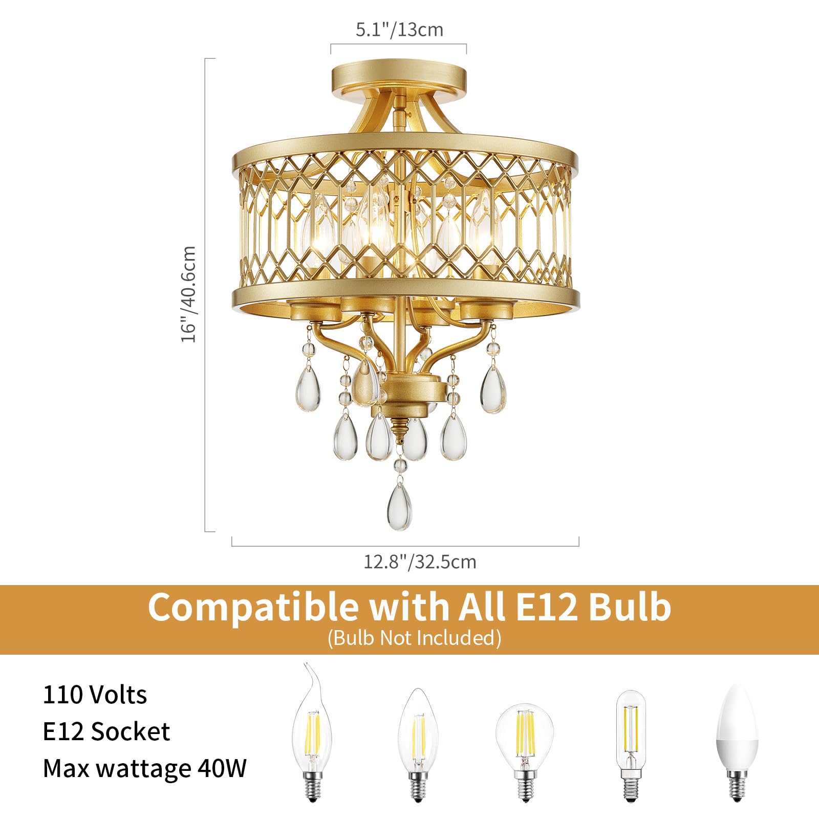 Crystal Ceiling Light Fixture  Farmhouse Semi Flush Mount Ceiling Light  Gold Crystal Chandeliers For Dining Room Light Fixture  Hallway Lighting Fixtures For Kitchen Bedroom Bathroom Foyer Entryway