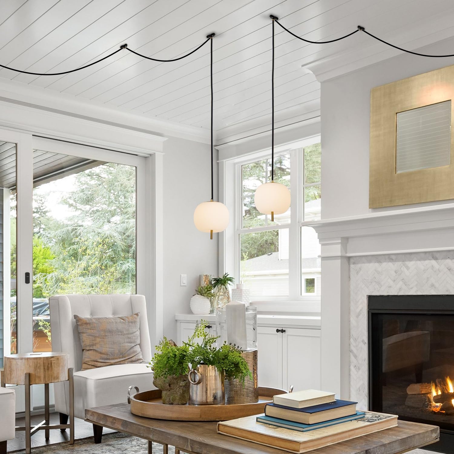 Jc Topa Mid Century Modern Pendant Light Fixture, Milk Glass 7    Globe Hanging Light With Dimmable Switch And Plug In For Kitch