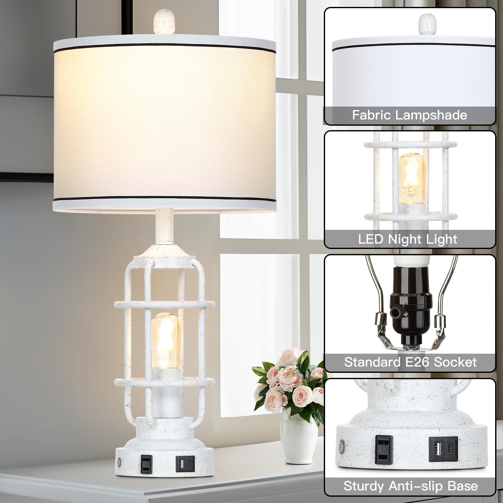 Farmhouse Industrial Lamps With Usb A+C Charging Ports & Ac Outlet, 3 Way Dimmable Touch Control Vintage Rustic Table Lamps For