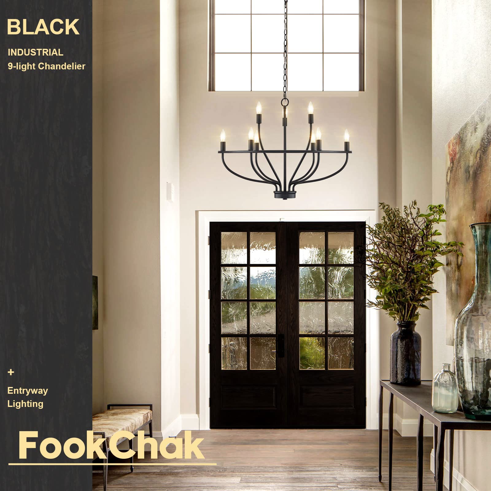 Fookchak 9-Light Black Chandelier Light Fixture Classic Candle Chandelier Lighting Over Table For Dining Room Living Room Bedroom Foyer Kitchen Island, 28.54In, E12