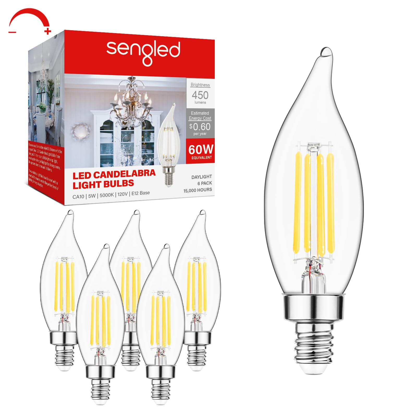 Sengled Dimmable E12 Led Chandelier Light Bulbs 60 Watt Equivalent,5000K Daylight 450 Lumens Ca10 Vintage Candle Light Bulb,Led 