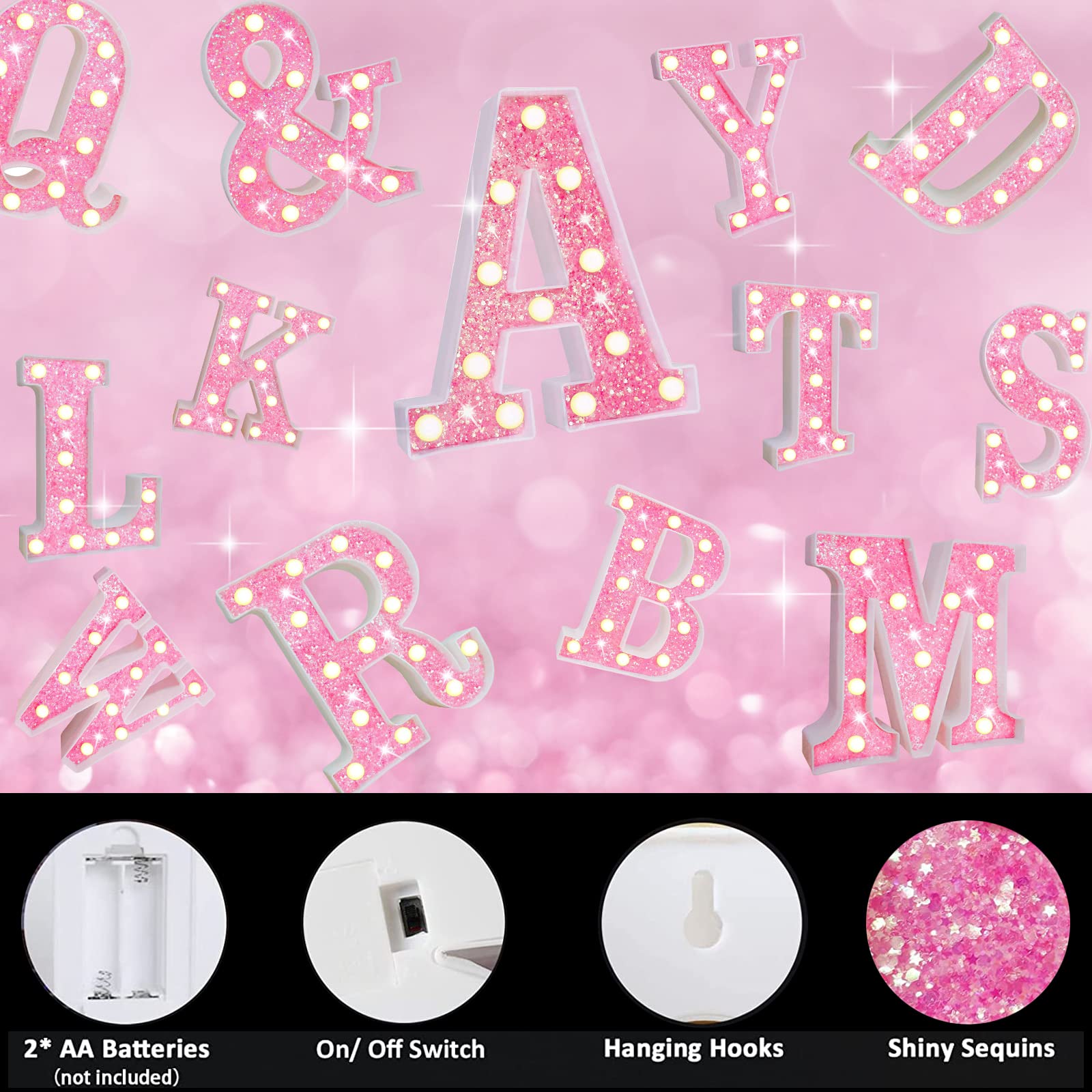 Elnsivo Pink LED Marquee Letter Light Sign, Glitter Acrylic, Battery Powered, Model 151da112, Perfect for Bedroom and Party Decorations