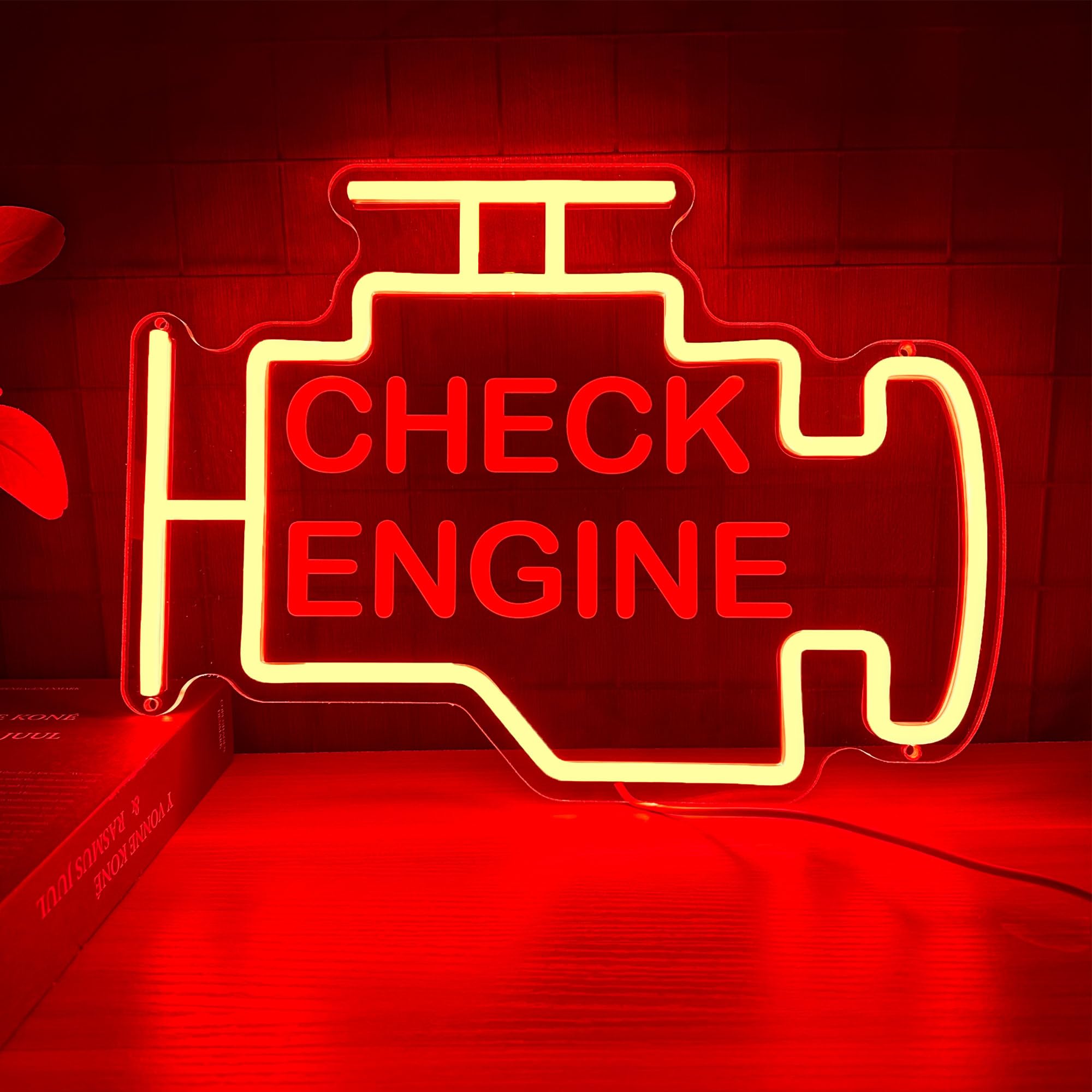 PSPCBS Check Engine Neon Sign, 15x11in Dimmable LED Wall Light, Orange Acrylic Decor for Garage, Man Cave, Auto Repair Shop