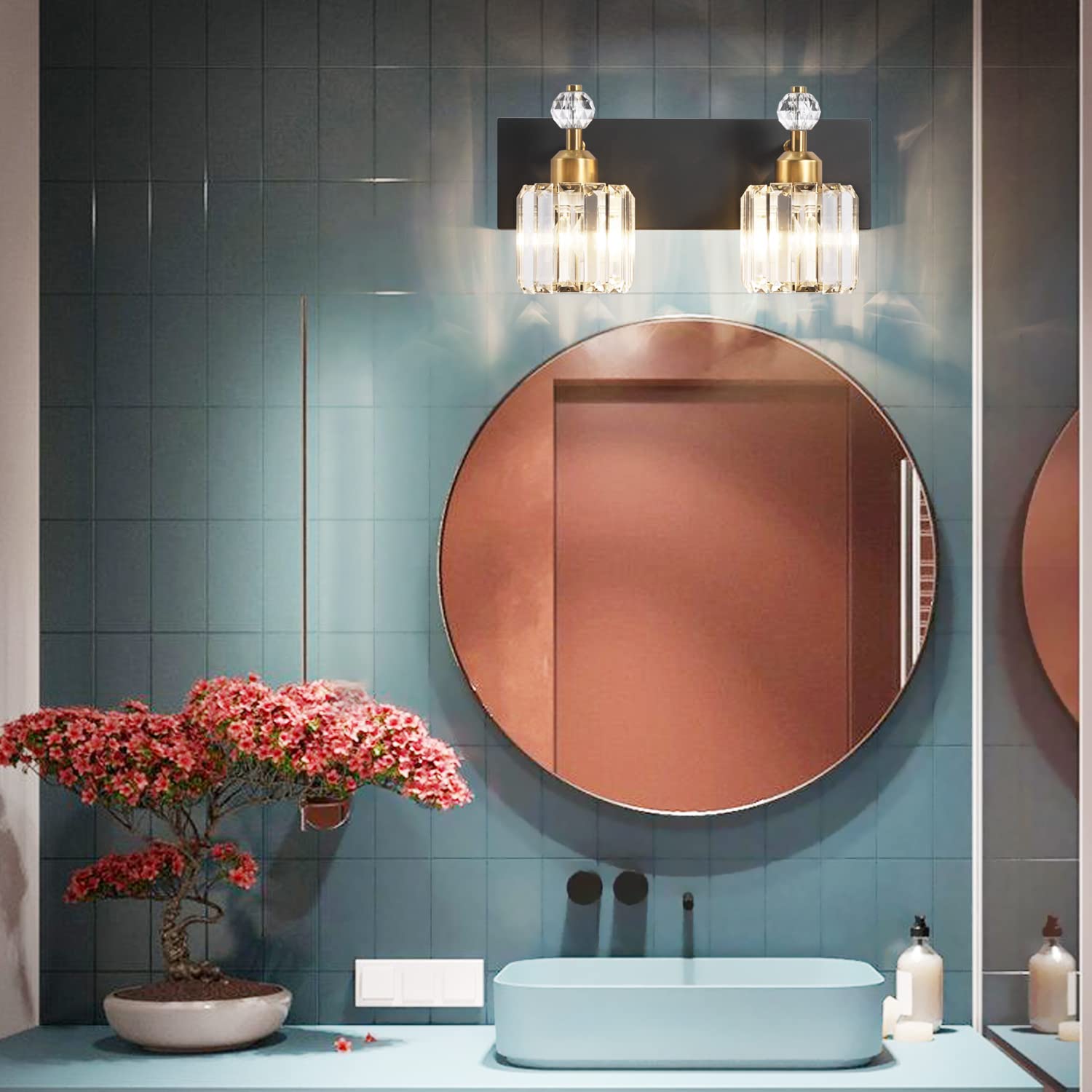 PRESDE Modern Crystal Black 2-Light Bathroom Vanity Lights, Matte Black Metal Fixtures for Wall Sconce Over Mirror