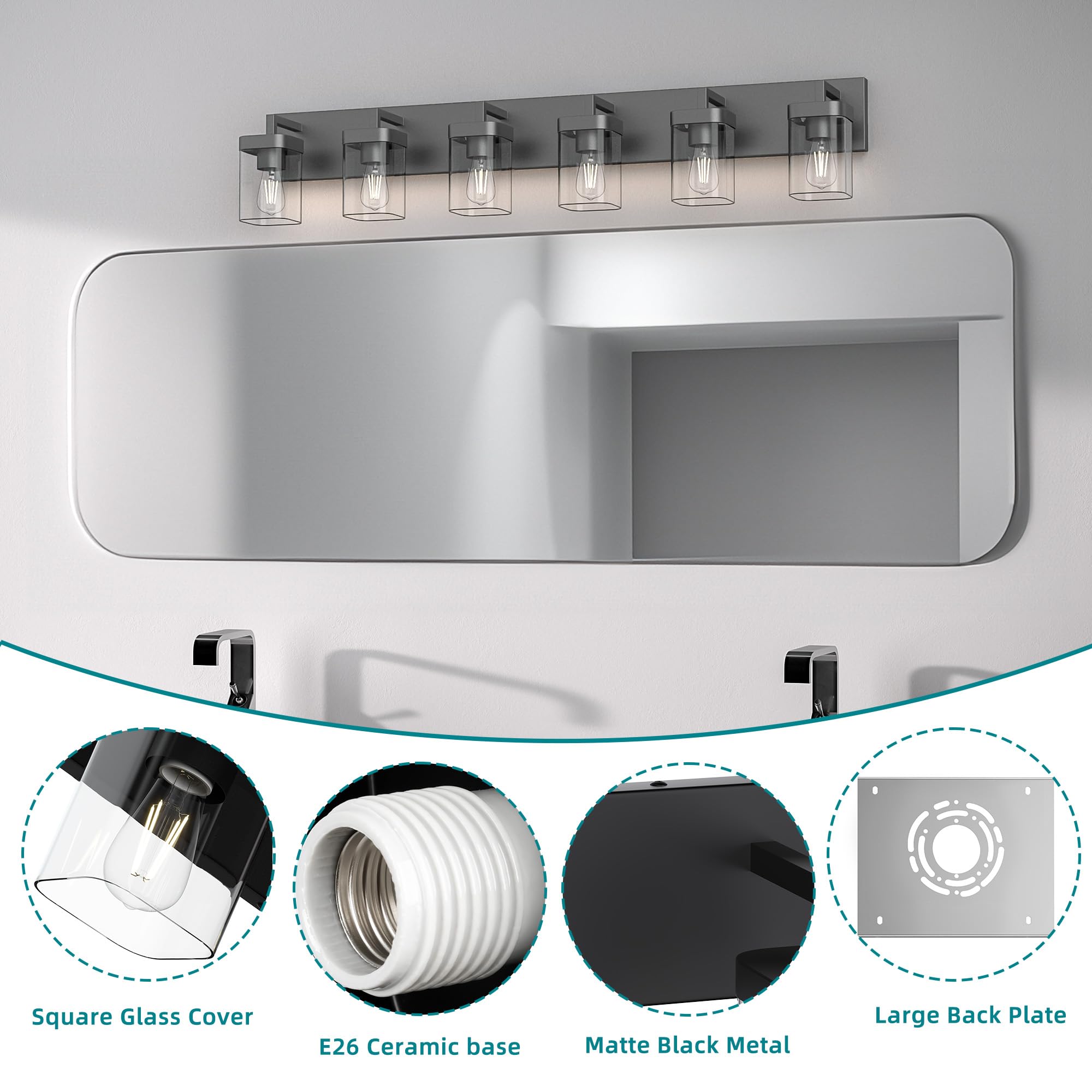 Danshinro Bathroom Vanity Light, 6-Light Square Design, Metal, Black, Model L23-6-BK