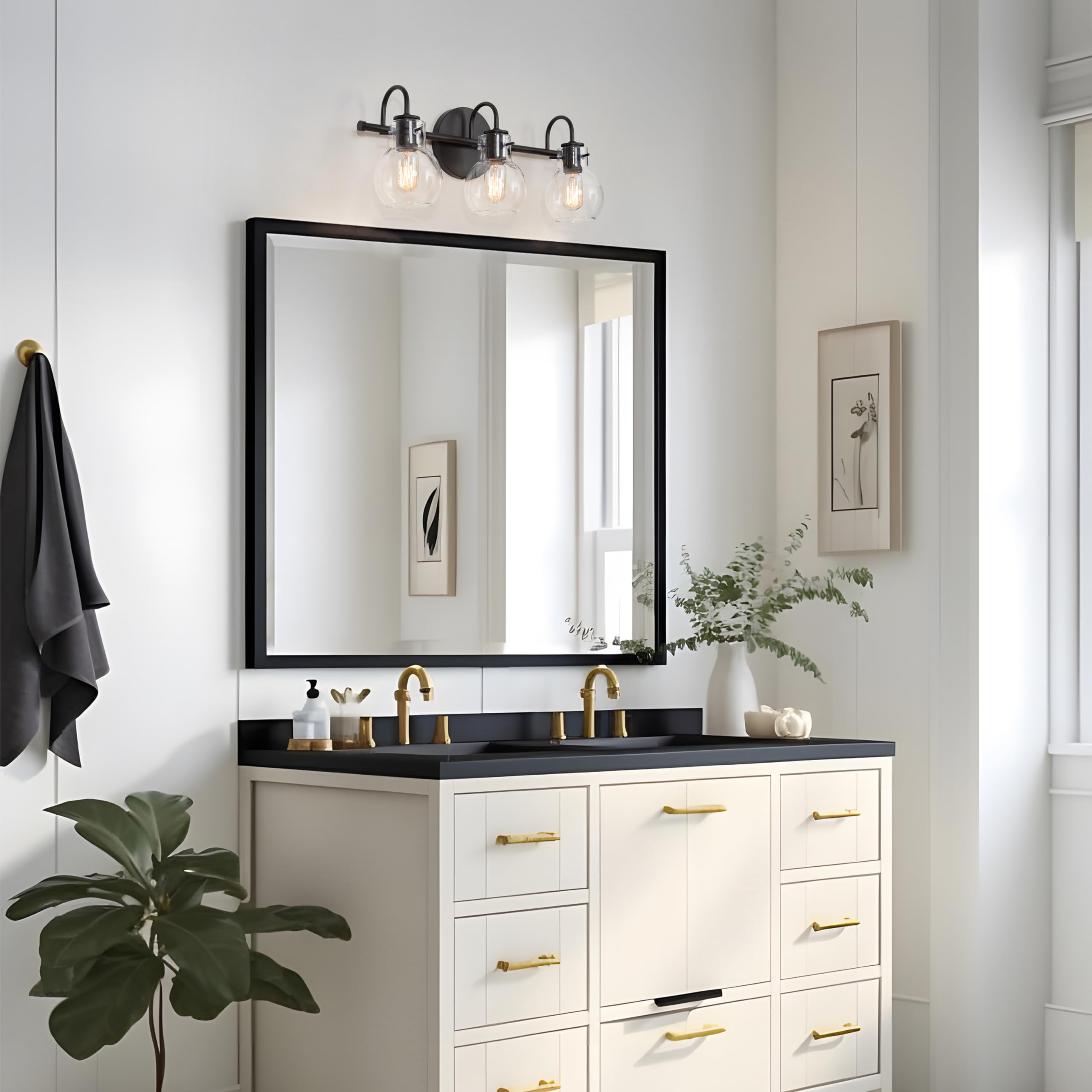 Ksana Black Bathroom Light Fixtures, 3-Light Modern Farmhouse Black Vanity Light With Clear Glass Shade Over Mirror For Hallway,