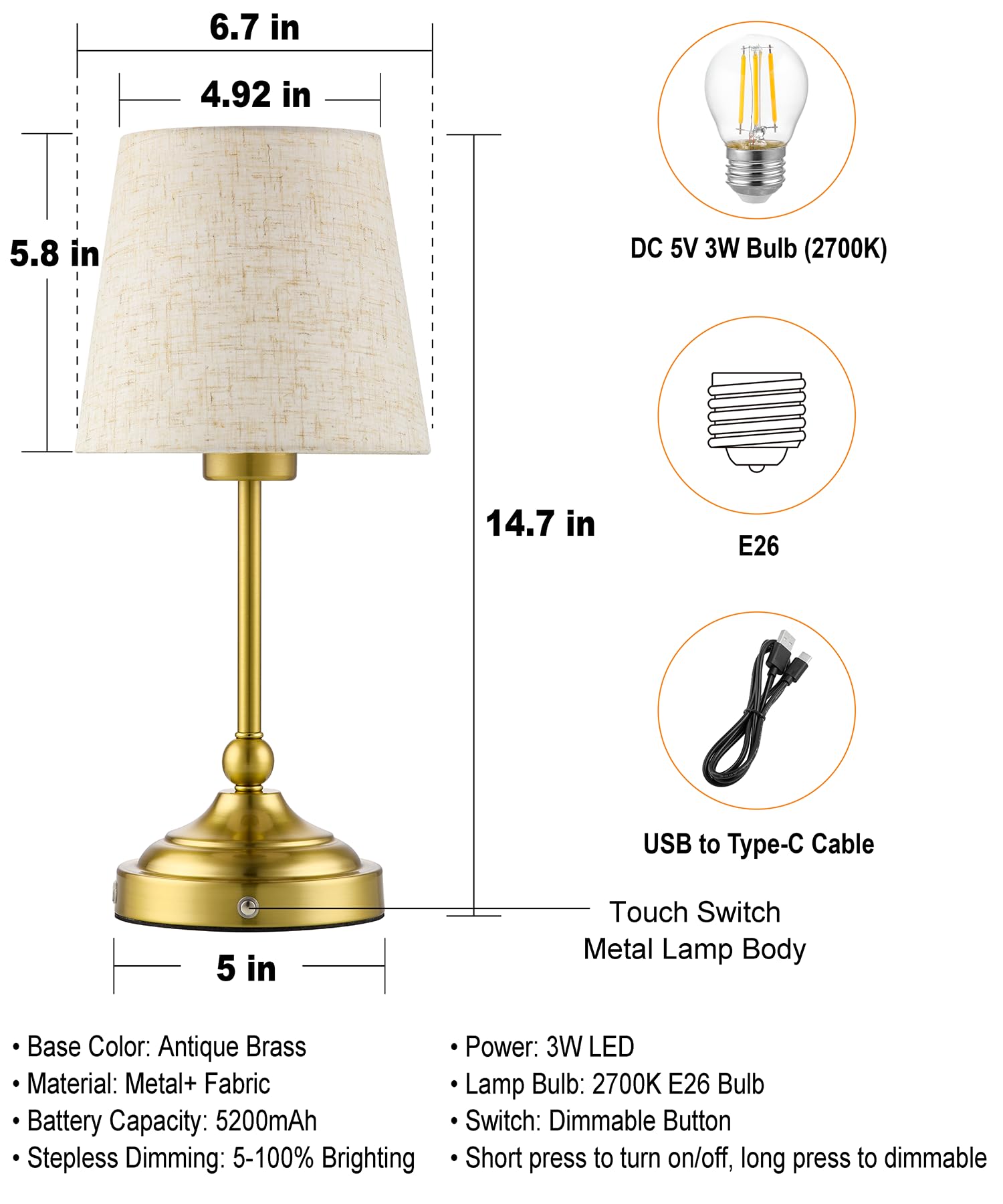 BOHON Cordless Lamp with Dimmer, Built-in 5200mAh Rechargeable Lamp, Patio Table Lamp, LED Bedside Night Light, Outdoor Ambient