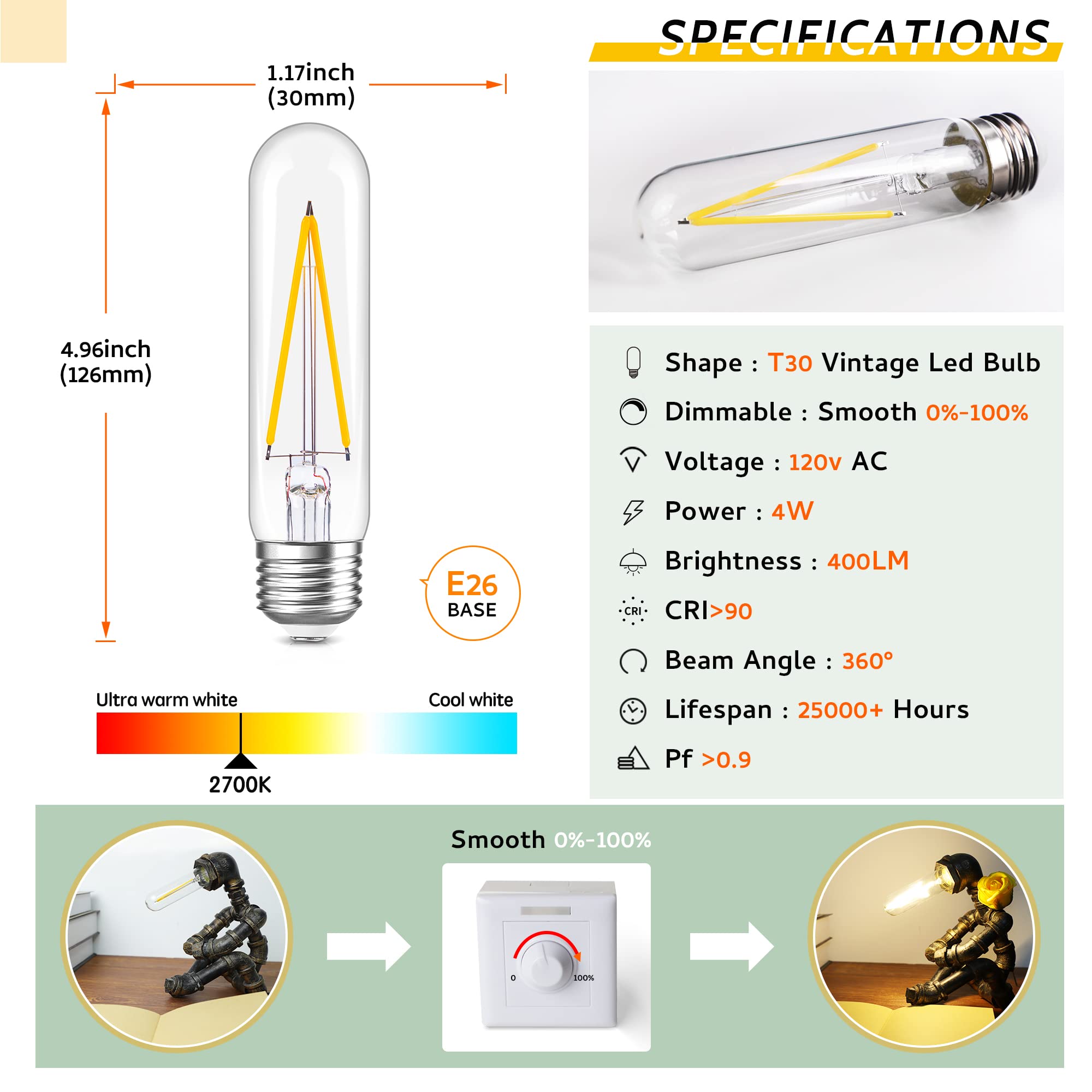 Sphoon Dimmable Tubular Led Bulb E26 Light Bulb,T10 T30 Vintage Bulbs, 40 Watt Equal 4W, 2700K Warm White Light Edison Lights Bu
