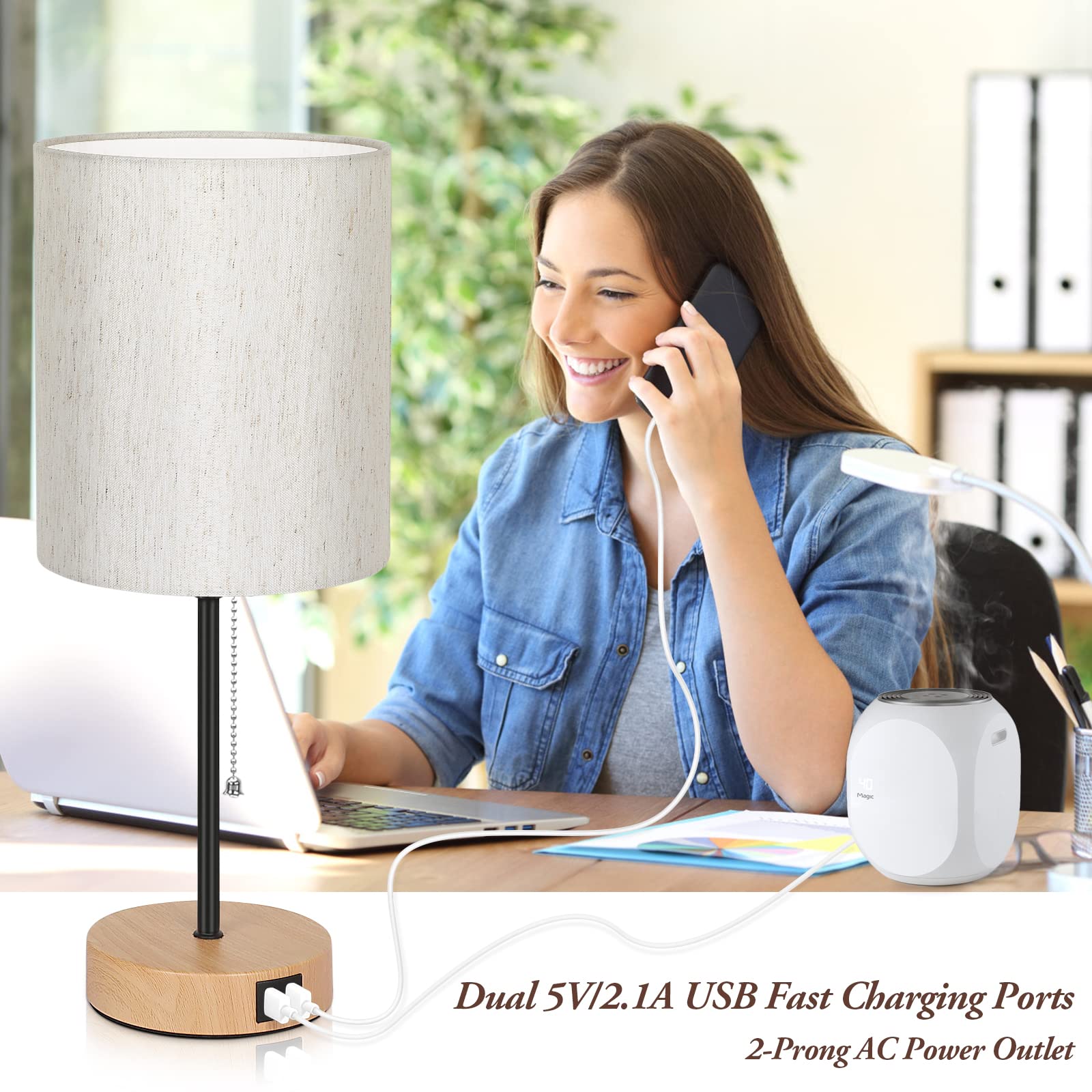 Table Lamps Set Of 2 With Usb Charging Ports, Bedside Lamps With Ac Outlet, Nightstand Lamps With Pull Chain Switch, Minimalist