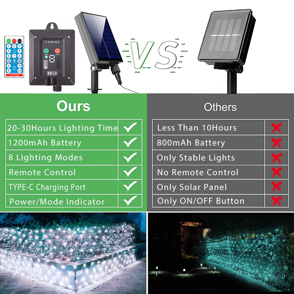 11.5ft x 5ft Solar Net Lights Outdoor, Solar & USB 2 Power Way 240 LED Waterproof Mesh Lights for Bushes, Remote Control 8 Modes