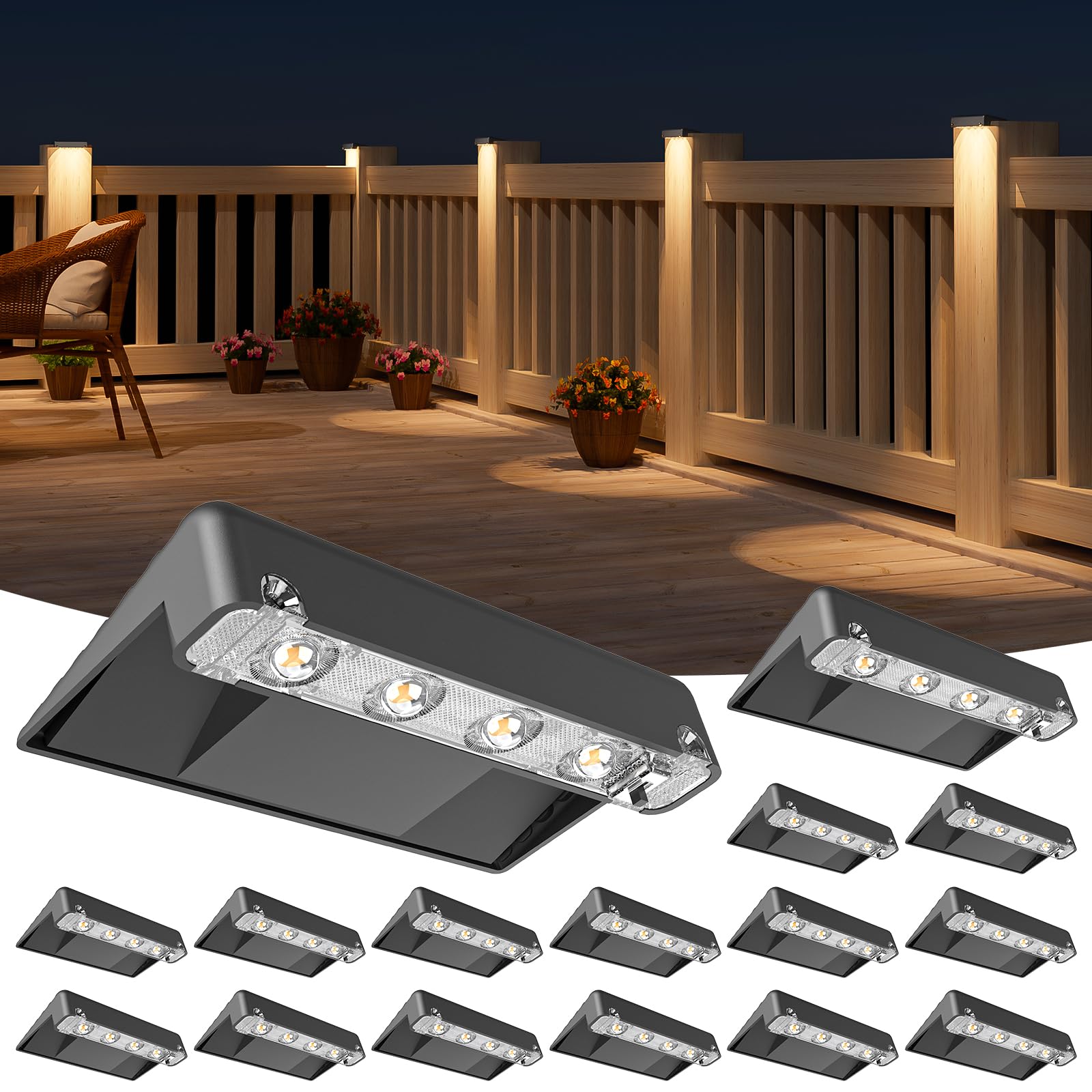 NIORSUN Solar Deck Lights Outdoor 16 Pack  IP65 Waterproof Large Size LED Stair Lights with Lenses  Auto ON Off Warm White Step Lights for Outside  Deck  Patio  Fence  Yard  Pathway and Railing Decor