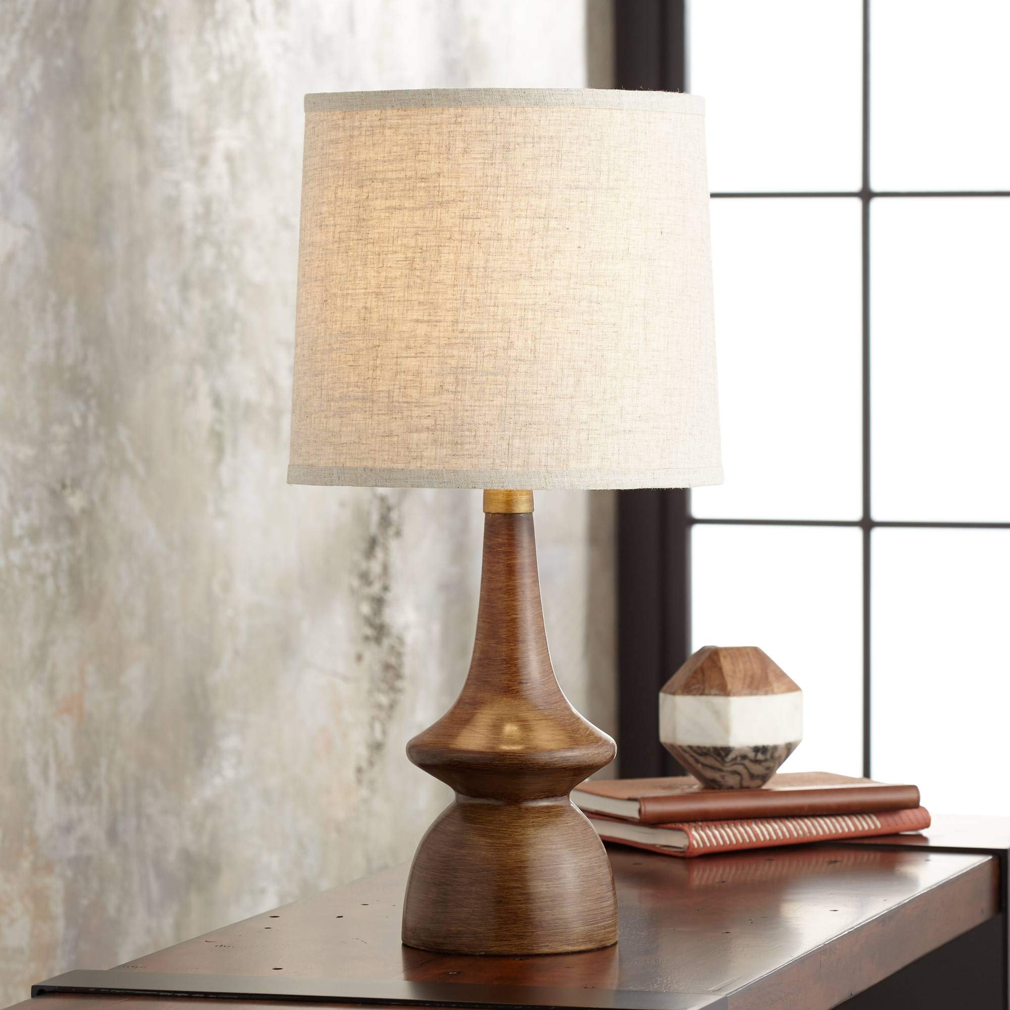 360 Lighting Mid Century Modern Table Lamp 24in High Resin Walnut Faux Wood Off White Linen Shade Model 4C512