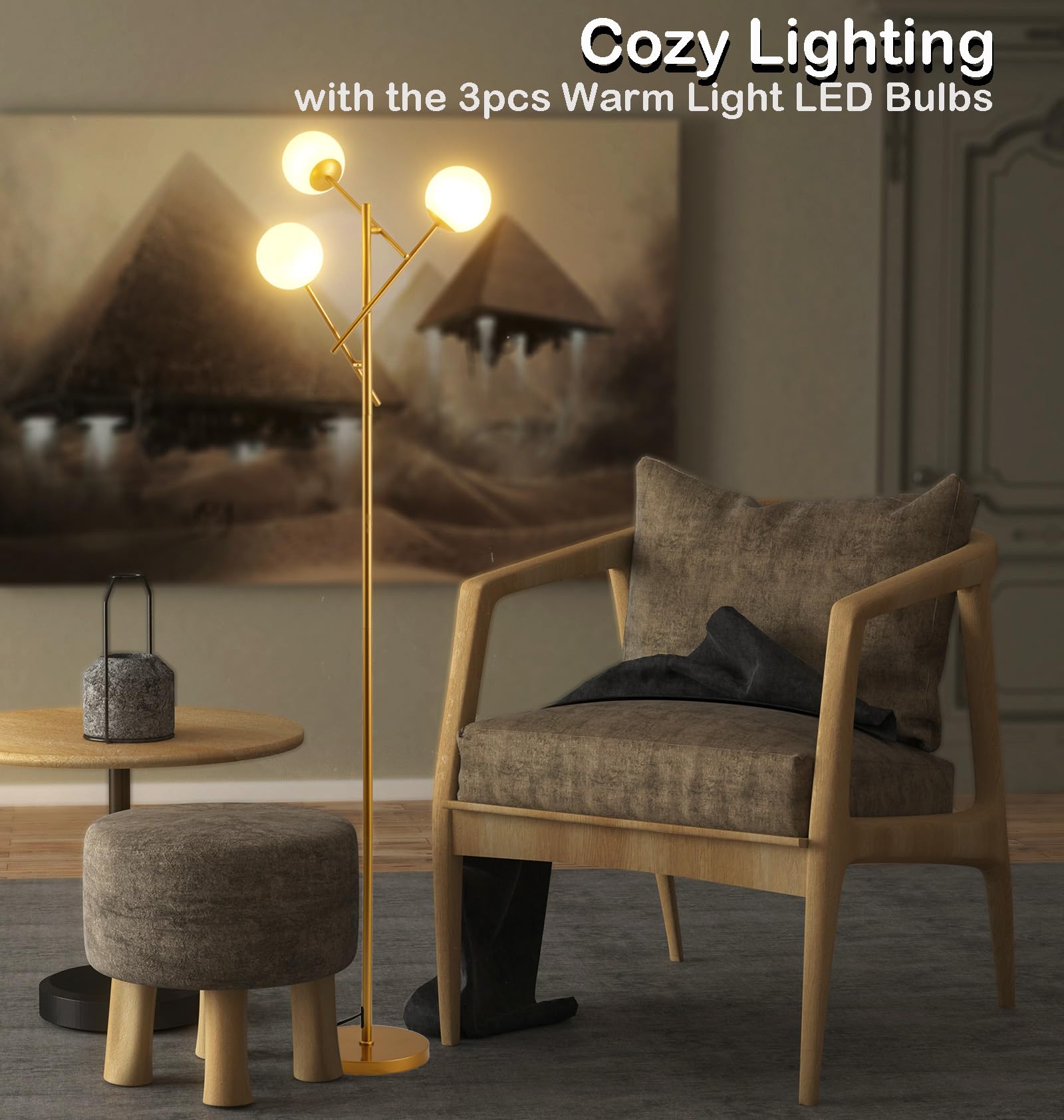 Fiqevs 3 Globe Mid Century Floor Lamp - Modern Gold With Rotatable Glass Shades, Led Bulbs